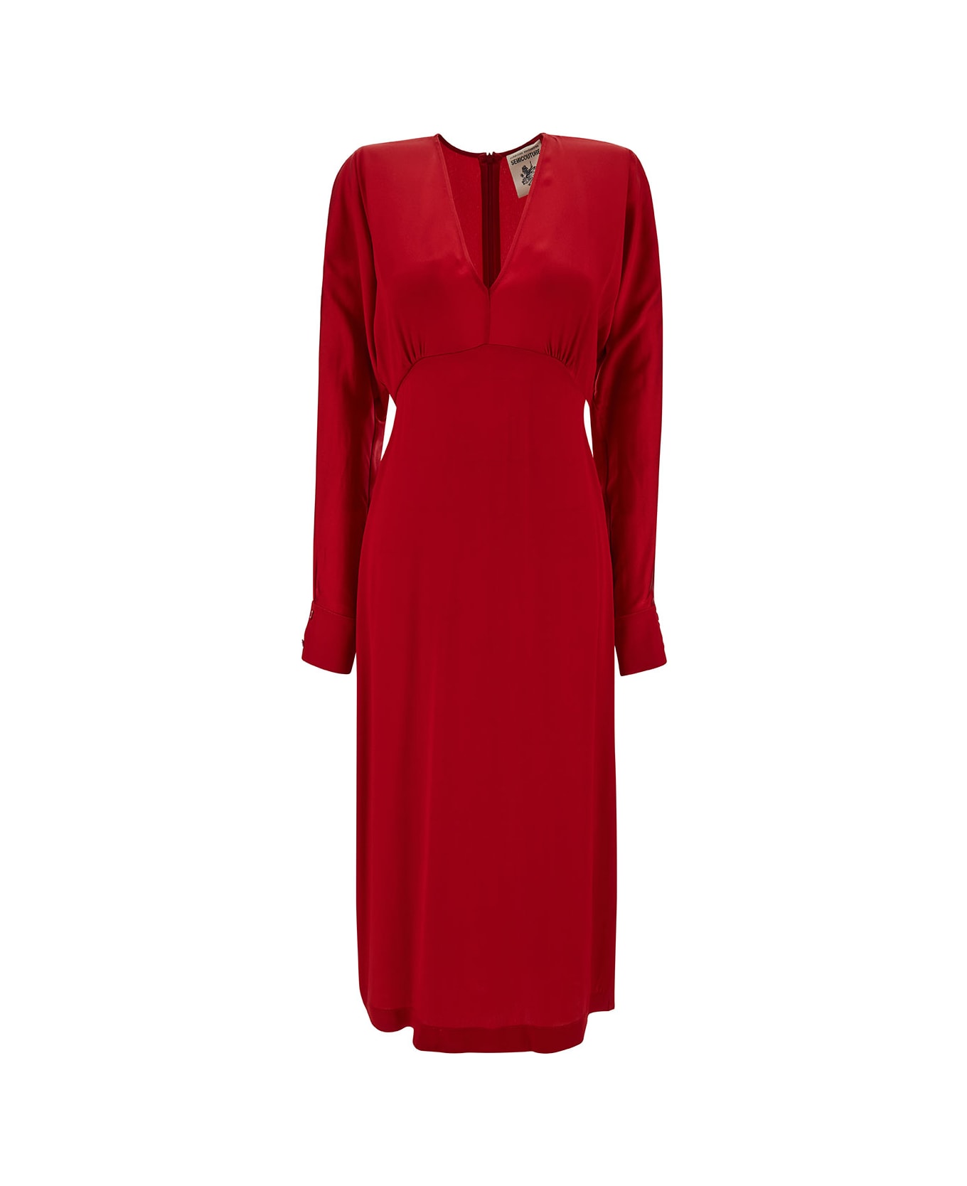 SEMICOUTURE Midi Red V Neck Dress With Long Sleeve In Acetate And Silk Blend Woman - Red ワンピース＆ドレス