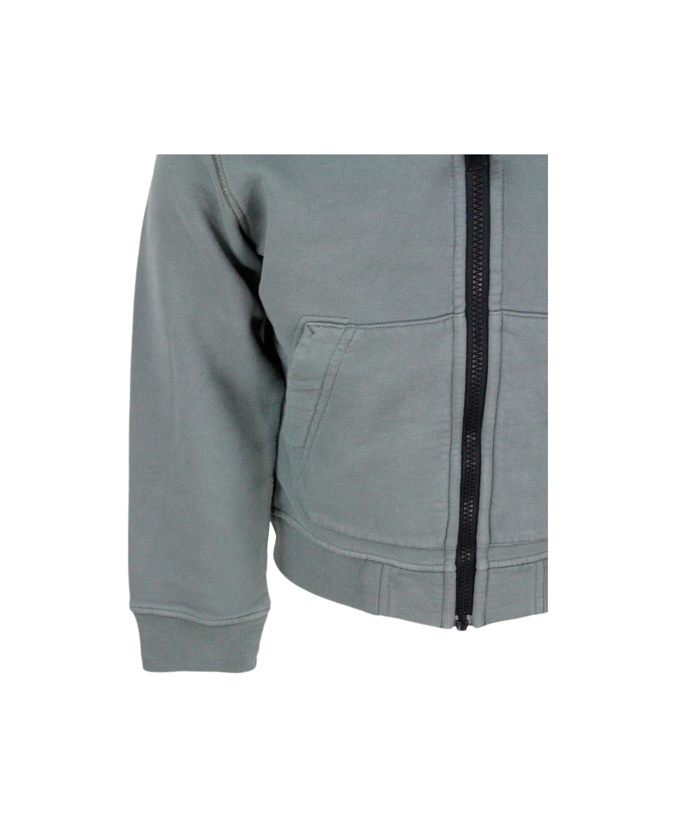 Stone Island Full Zip Hoodie With Long Sleeves In Stretch Cotton With Badge On The Left Sleeve - Grey