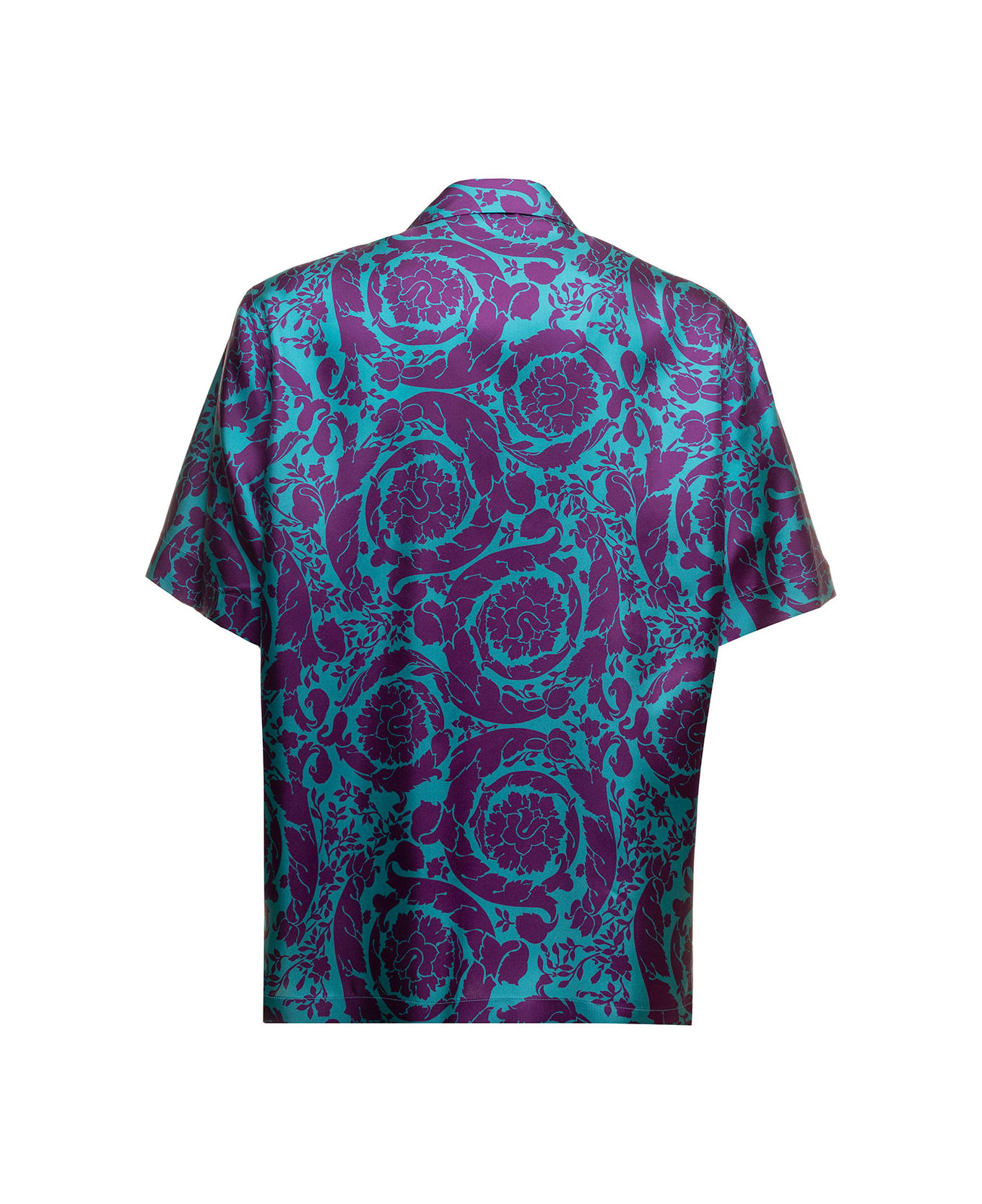 Versace Barocco Purple And Light Blue Bowling Shirt In Silk Twill With Allover Printed Pattern Versace Man - Violet