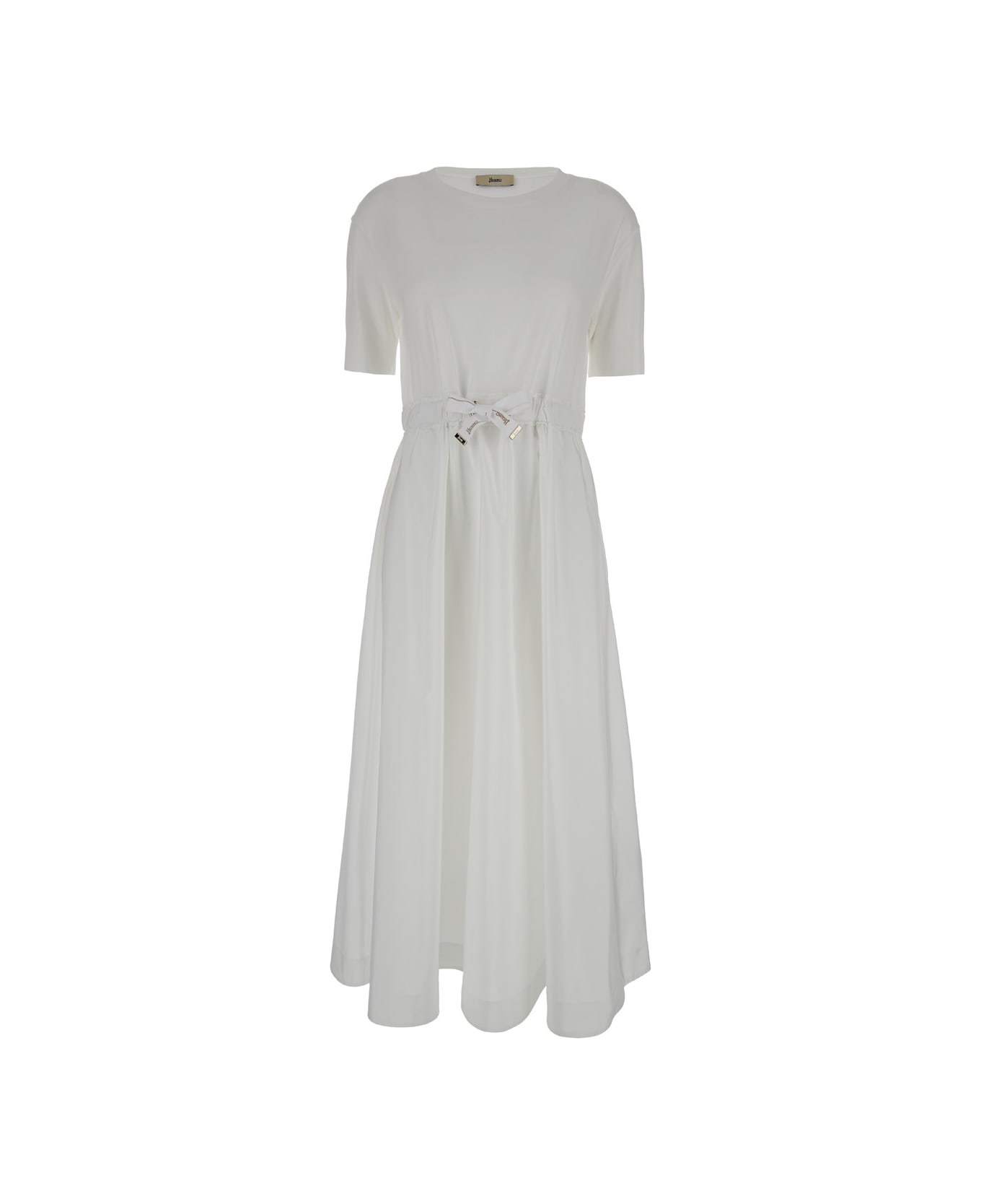 Herno Long White Dress With Branded Drawstring In Cotton Blend Woman - White