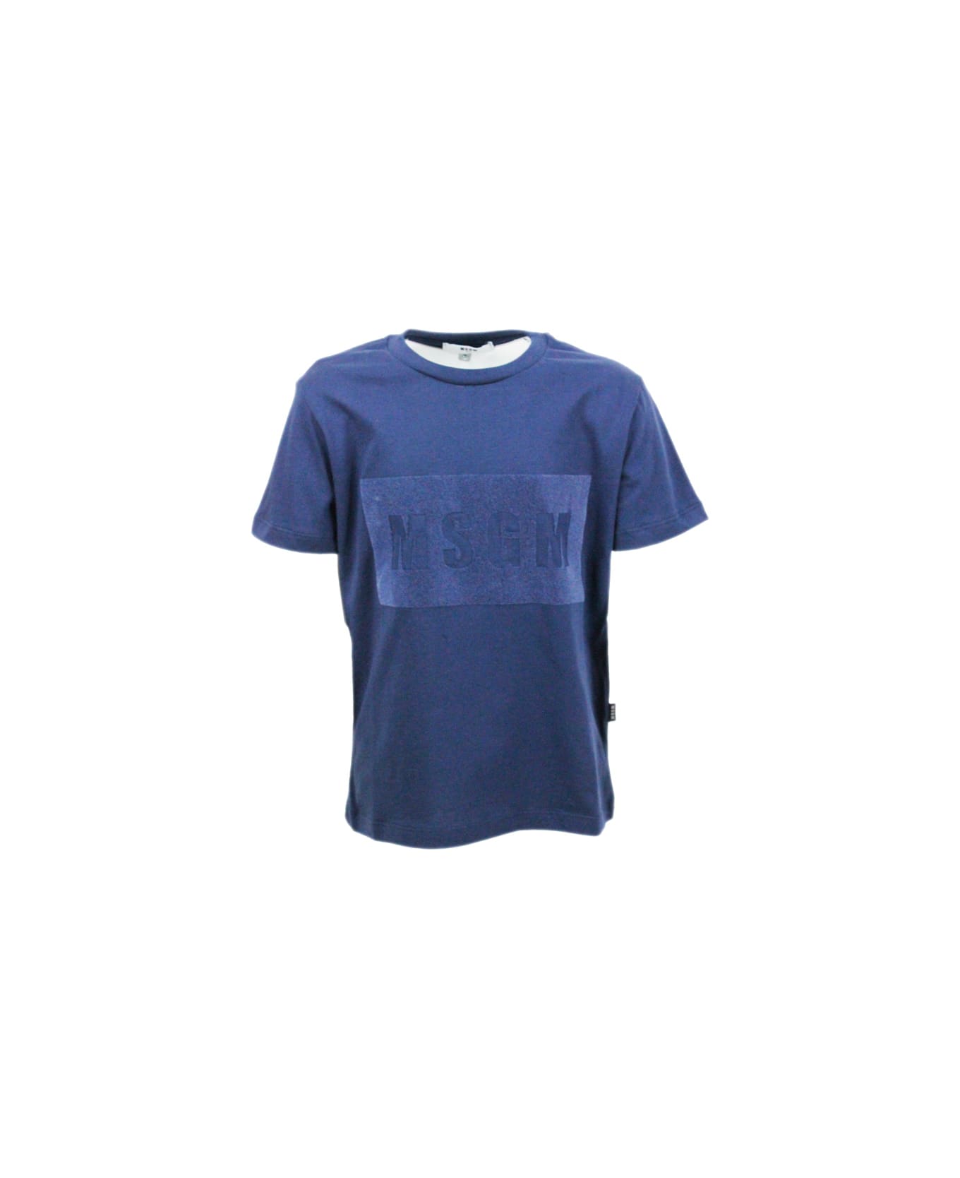 MSGM Short-sleeved Crew Neck T-shirt In Cotton With Raised Lettering With Flocking - Blu
