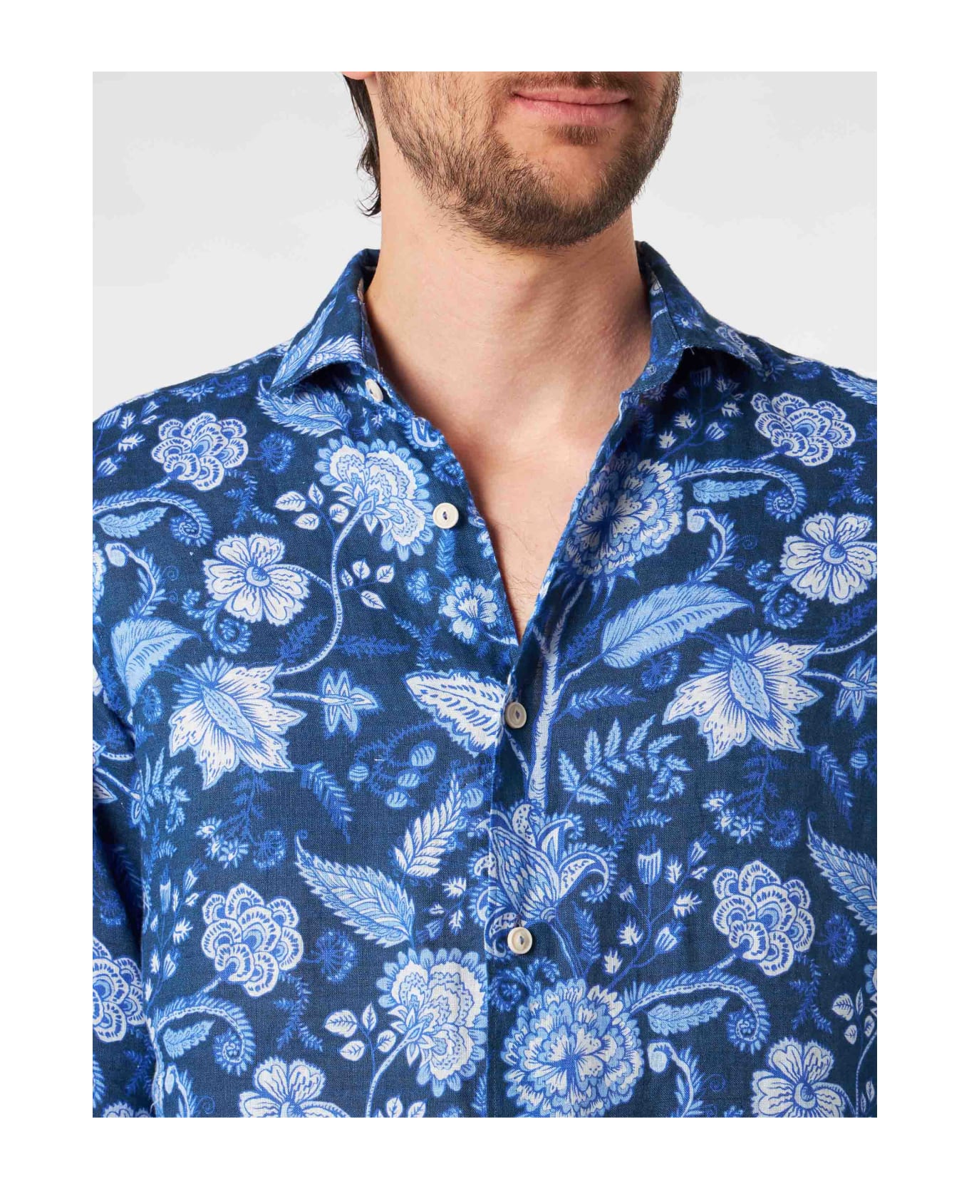 MC2 Saint Barth Man Linen Pamplona Shirt With Flower Print - BLUE