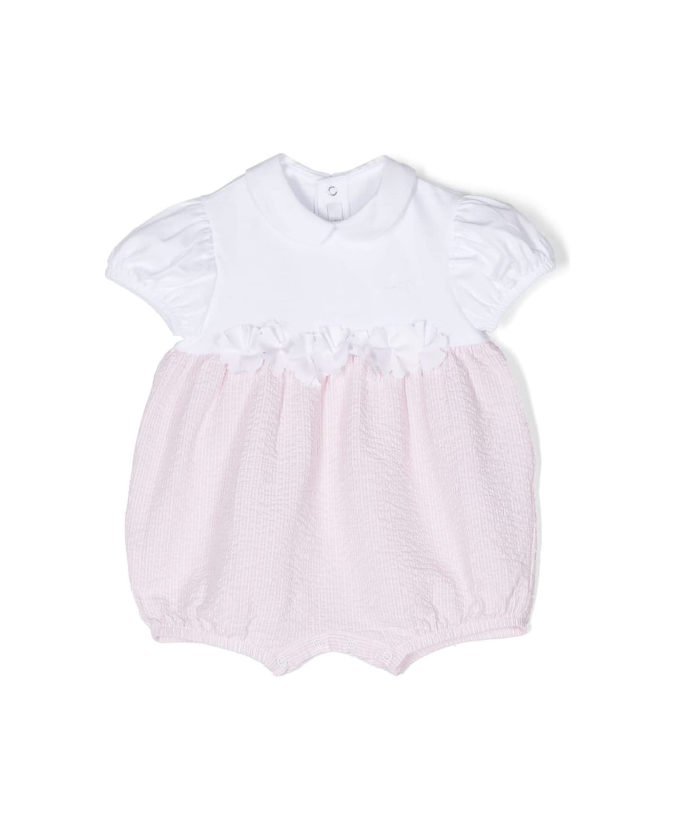 Il Gufo Pink And White Bimateric Short Playsuit With Appliqué Flowers - Pink