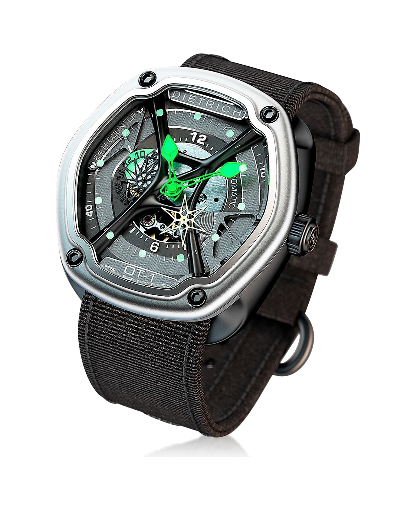 Dietrich Ot-1 316l Steel Men's Watch W/green Luminova And Nylon Strap - Black