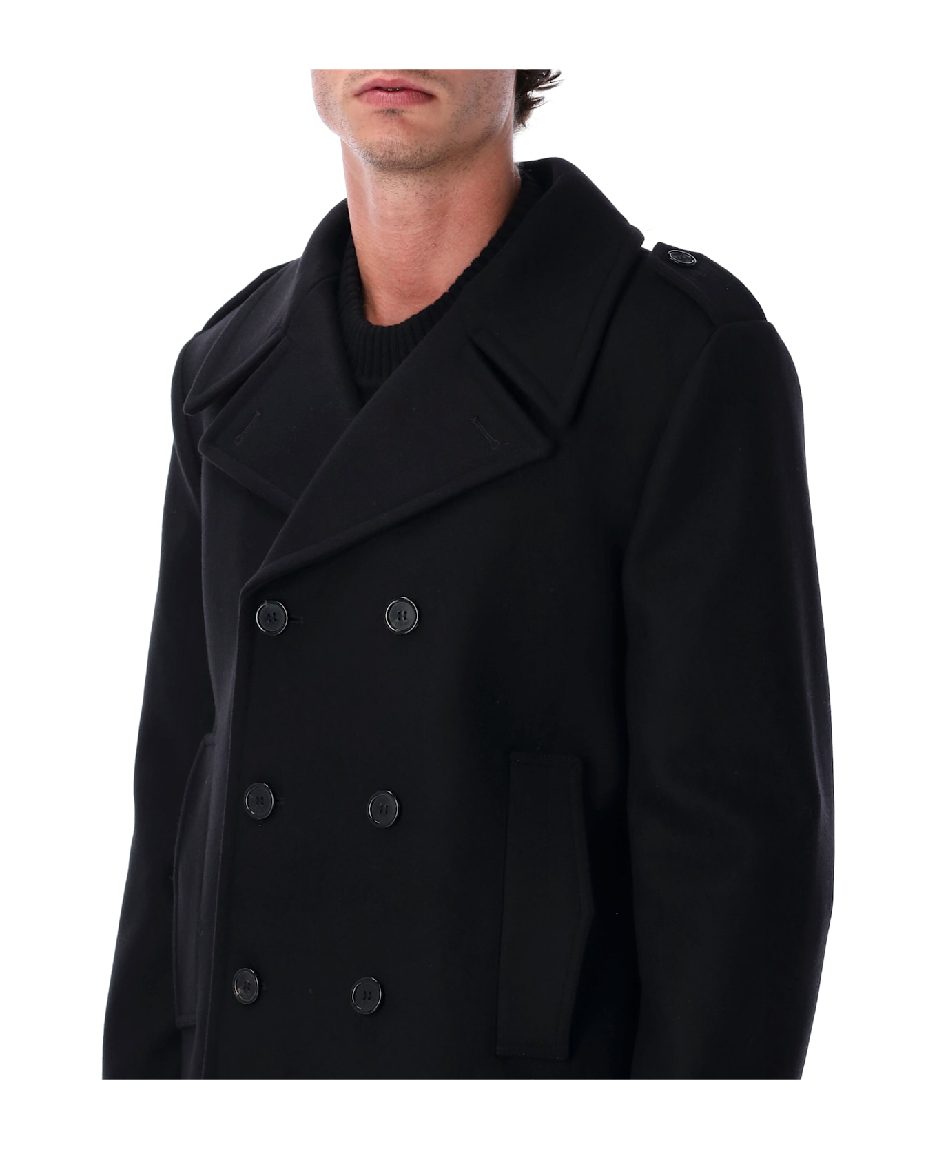 Saint Laurent Wool Peacoat With Epaulettes - BLACK