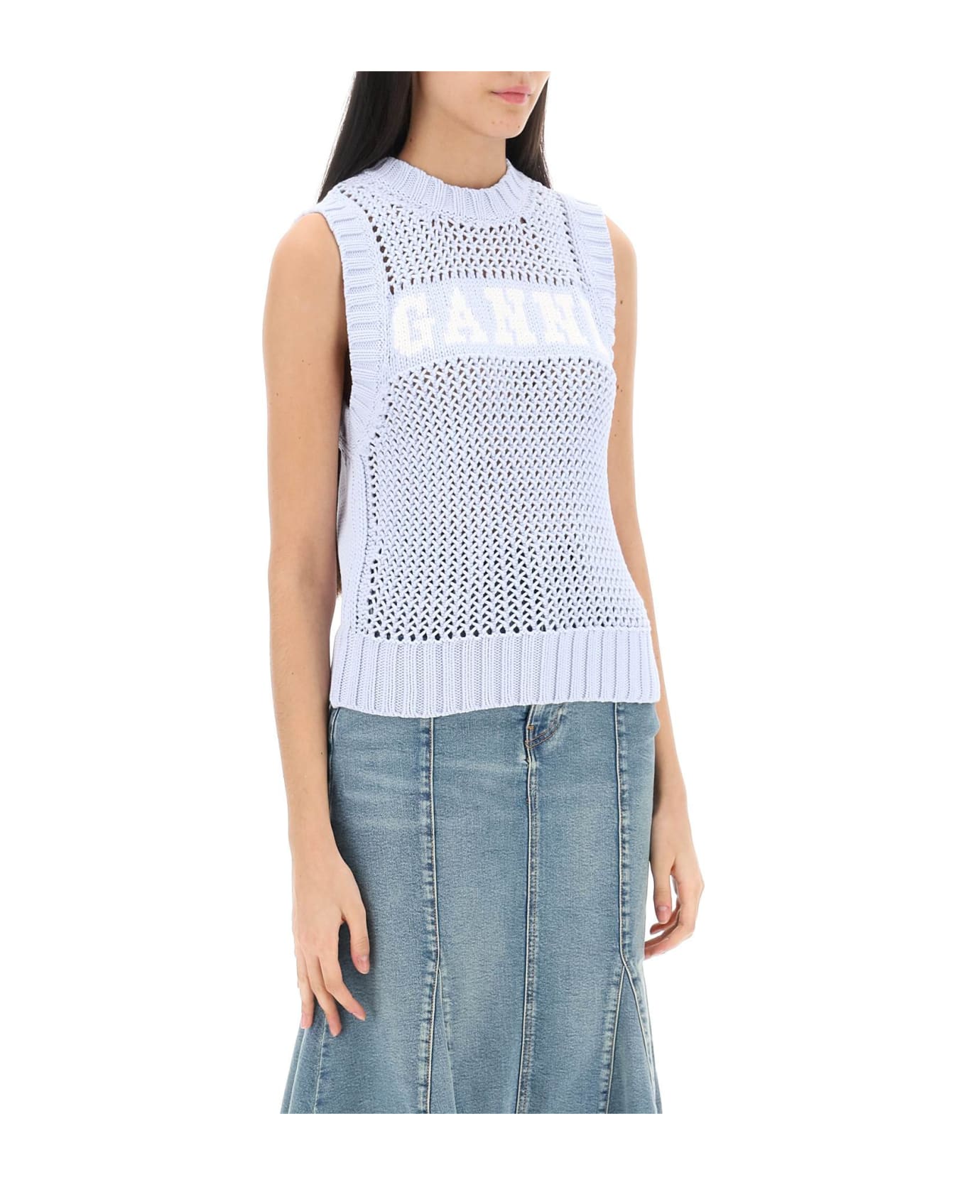 Ganni Open-stitch Knitted Vest With Logo - POWDER BLUE (Light blue)