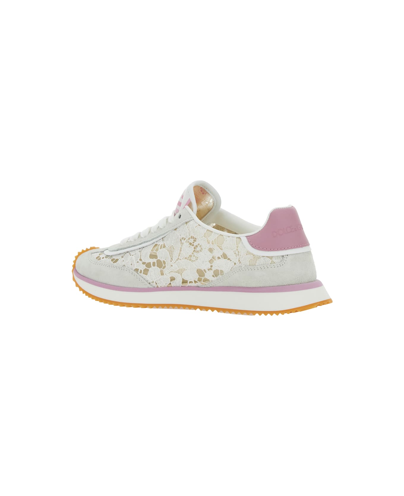 Dolce 
Gabbana White Low Top With Lace Details And Dg Patch On The Side In Fabric And Suede Blend Woman - White
