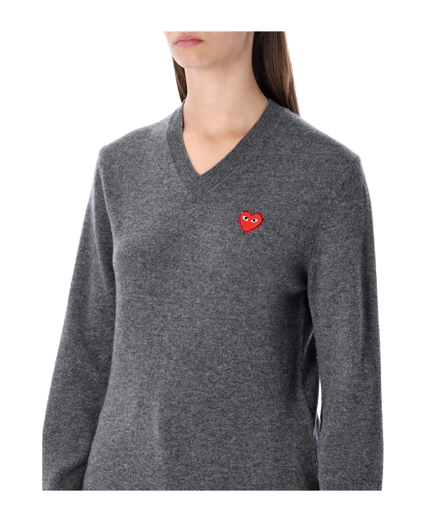 Comme des Garçons Play Wool V-neck Sweater With Red Heart And Crystals - GREY