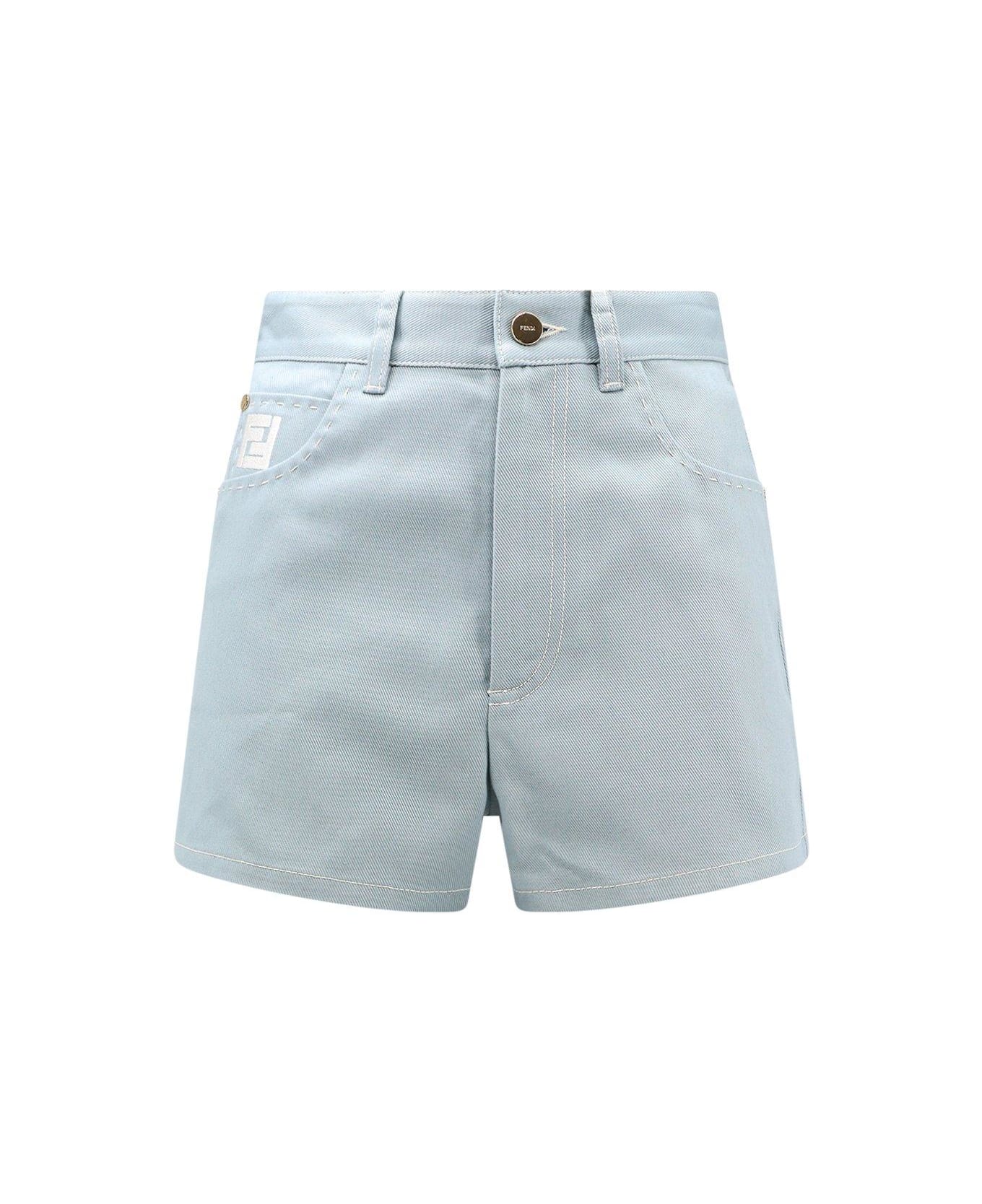 Fendi Ff Embroidered Denim Shorts - Blue ショートパンツ