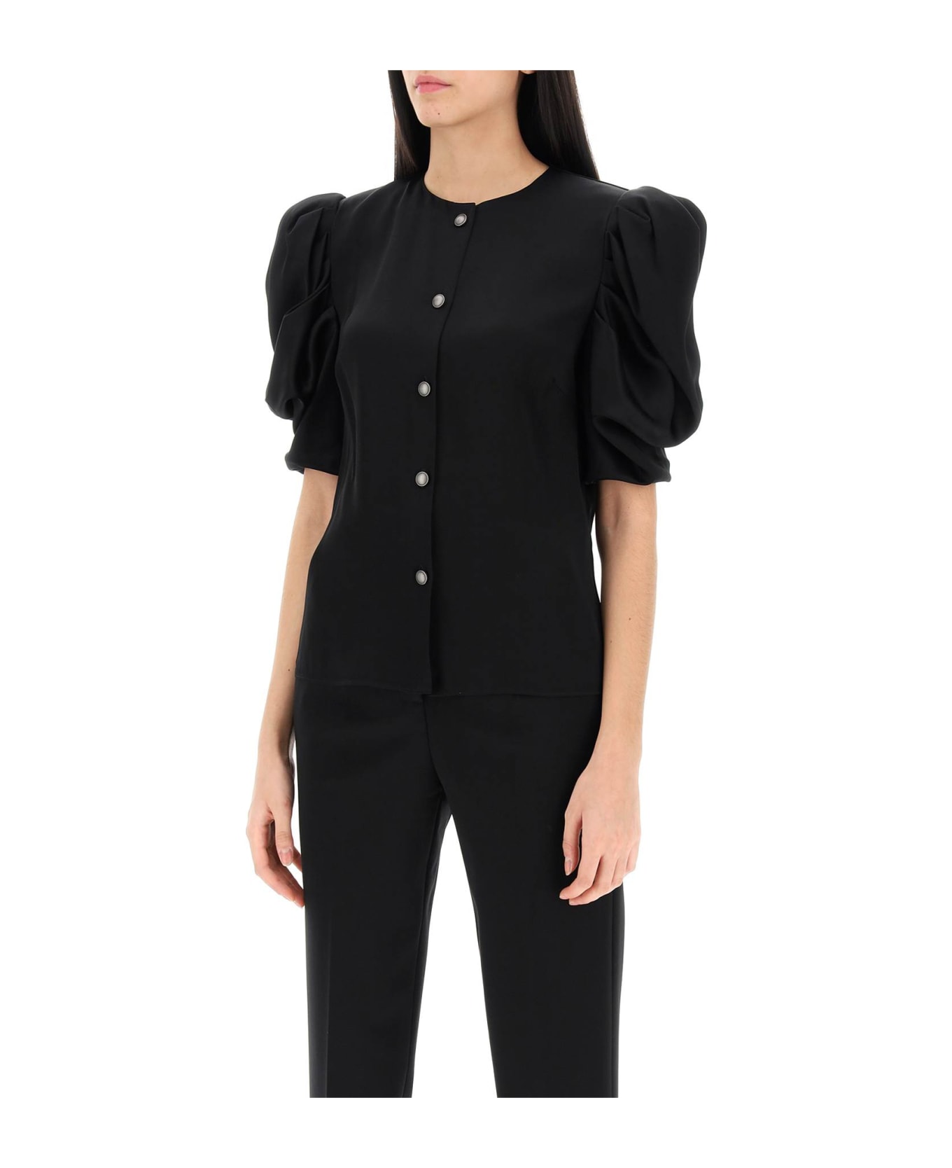Alessandra Rich Envers Satin Blouse With Bouffant Sleeves - BLACK (Black)