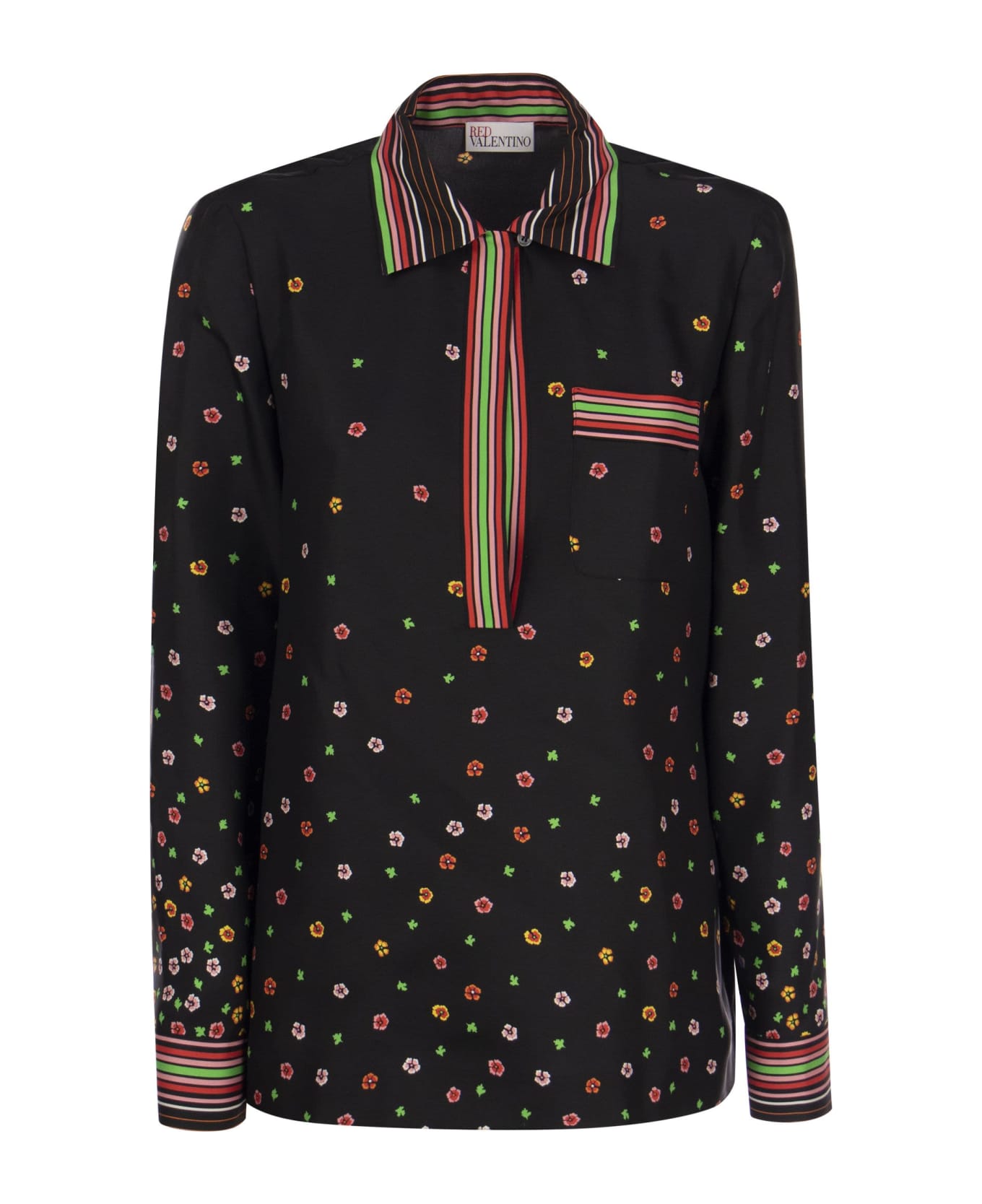 RED Valentino Printed Silk Top Flowers And Stripes - Black