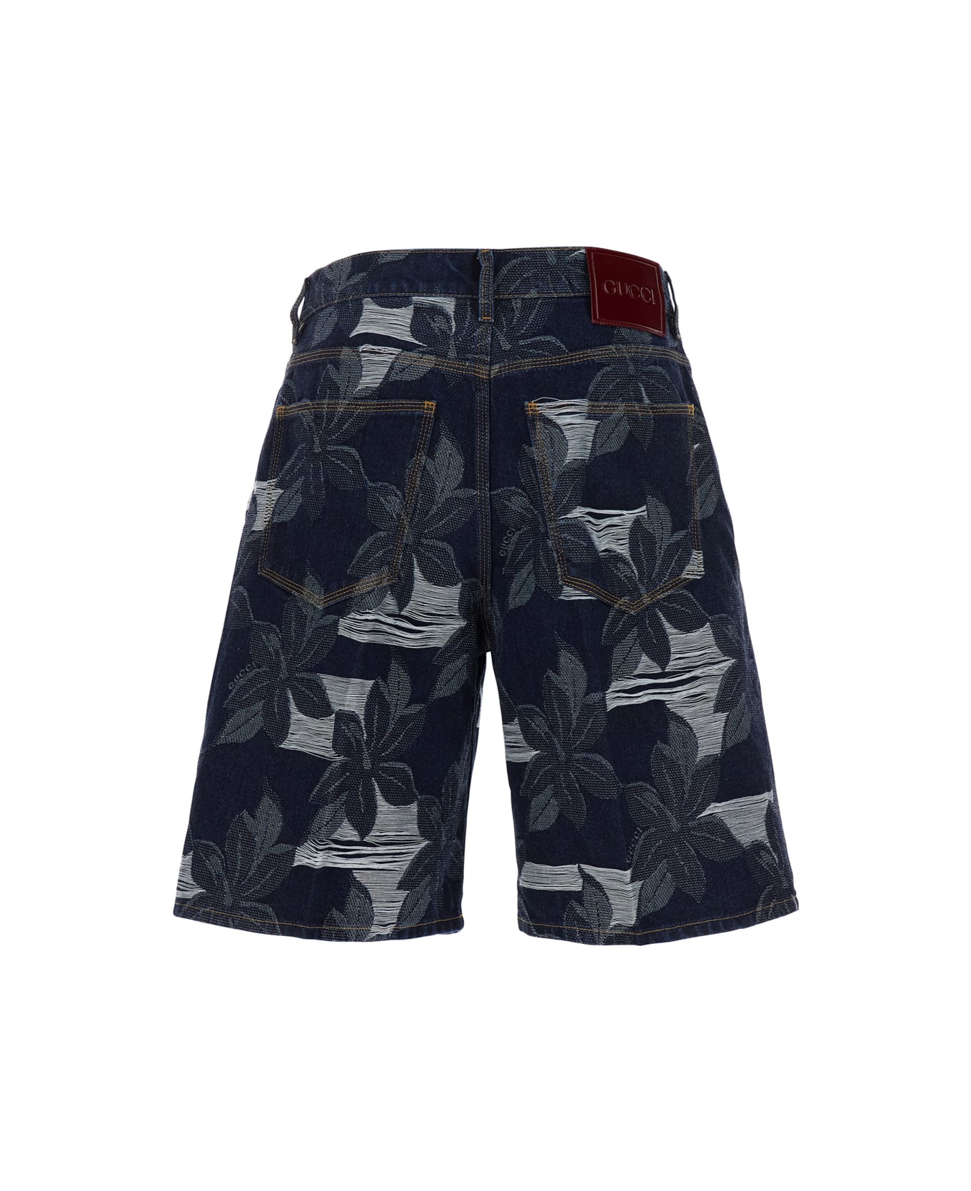Gucci Blue Bermuda Shorts With All-over Floral Embroidery And Logo Patch On The Back In Denim Man - Blu