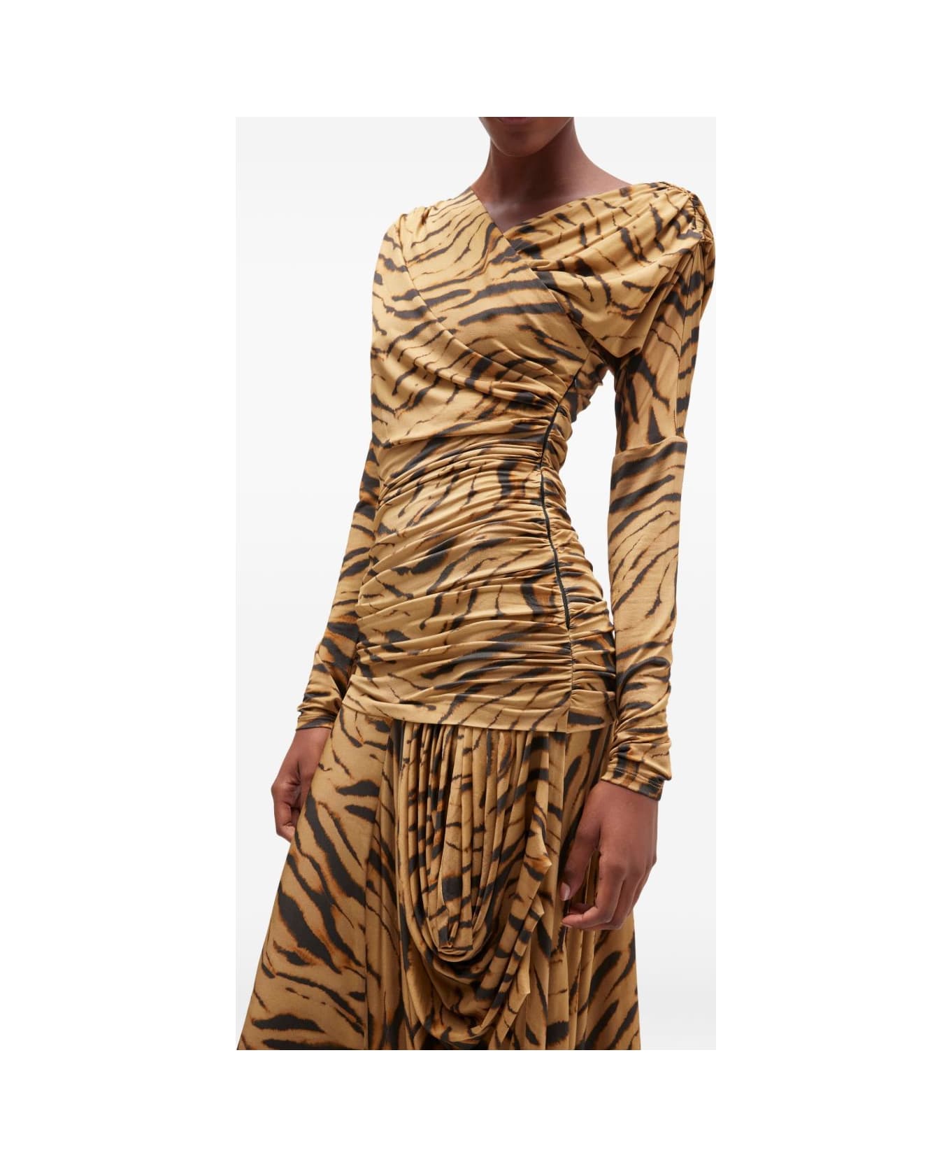Ganni Printed Ruched Long Dress - BROWN