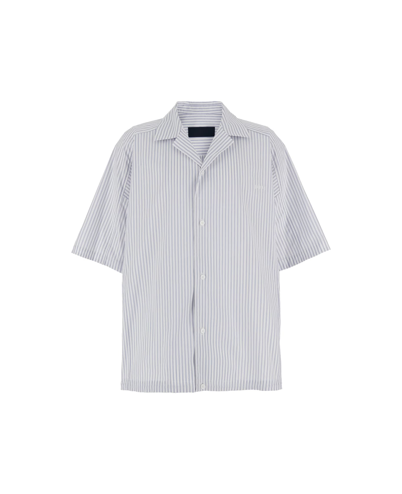 Juun.J Blue Bowling Shirt With Cuban Collar And All-over Striped Motif In Cotton Blend Man - Light blue