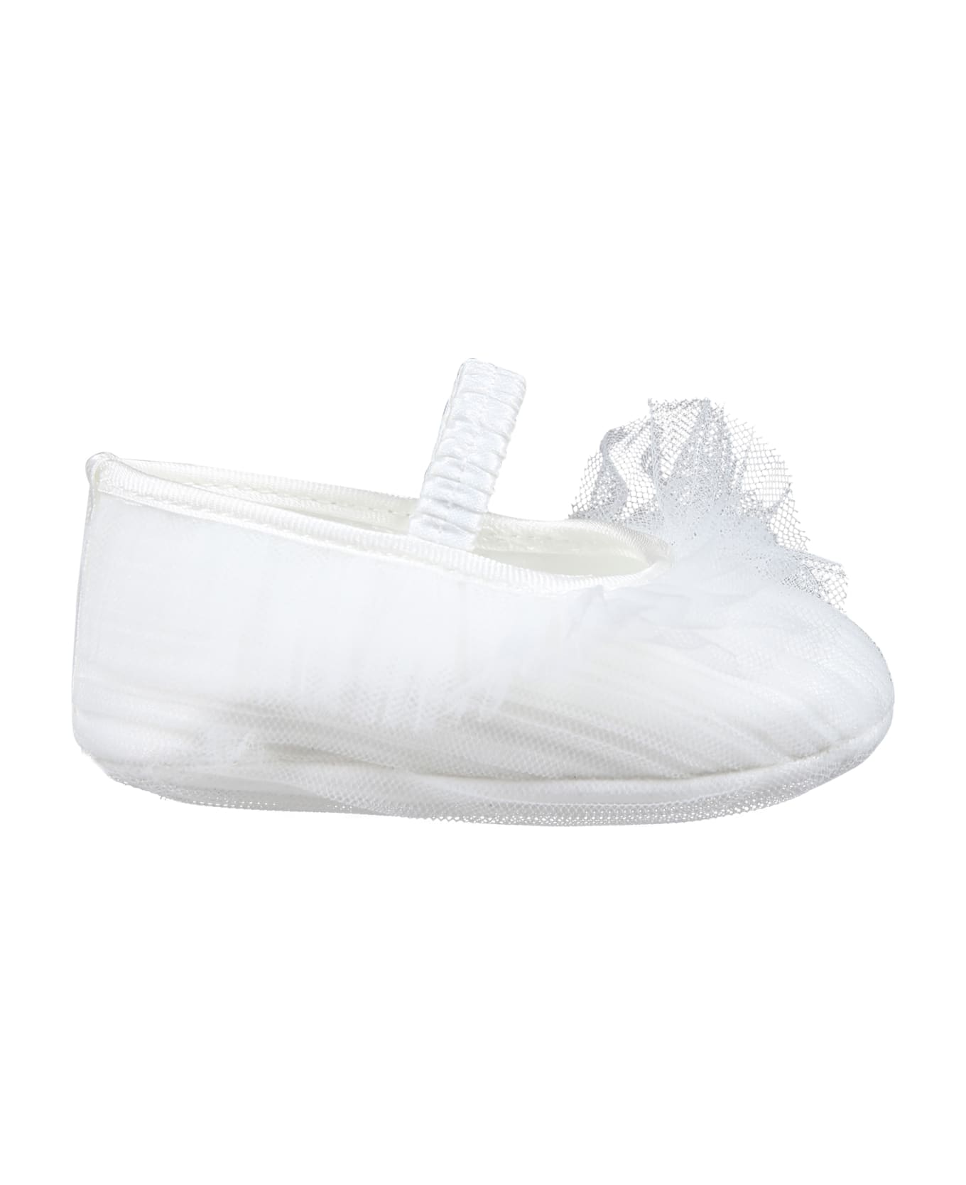Monnalisa White Flat Shoes For Baby Girl With Tulle Bow - White