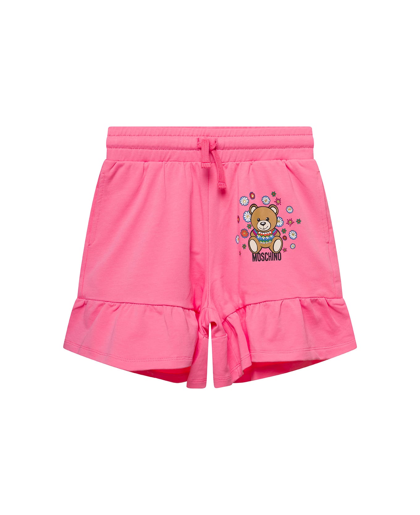 Moschino Pink Shorts With Teddy Bear Print And Frill Trim In Stretch Cotton Girl - Pink