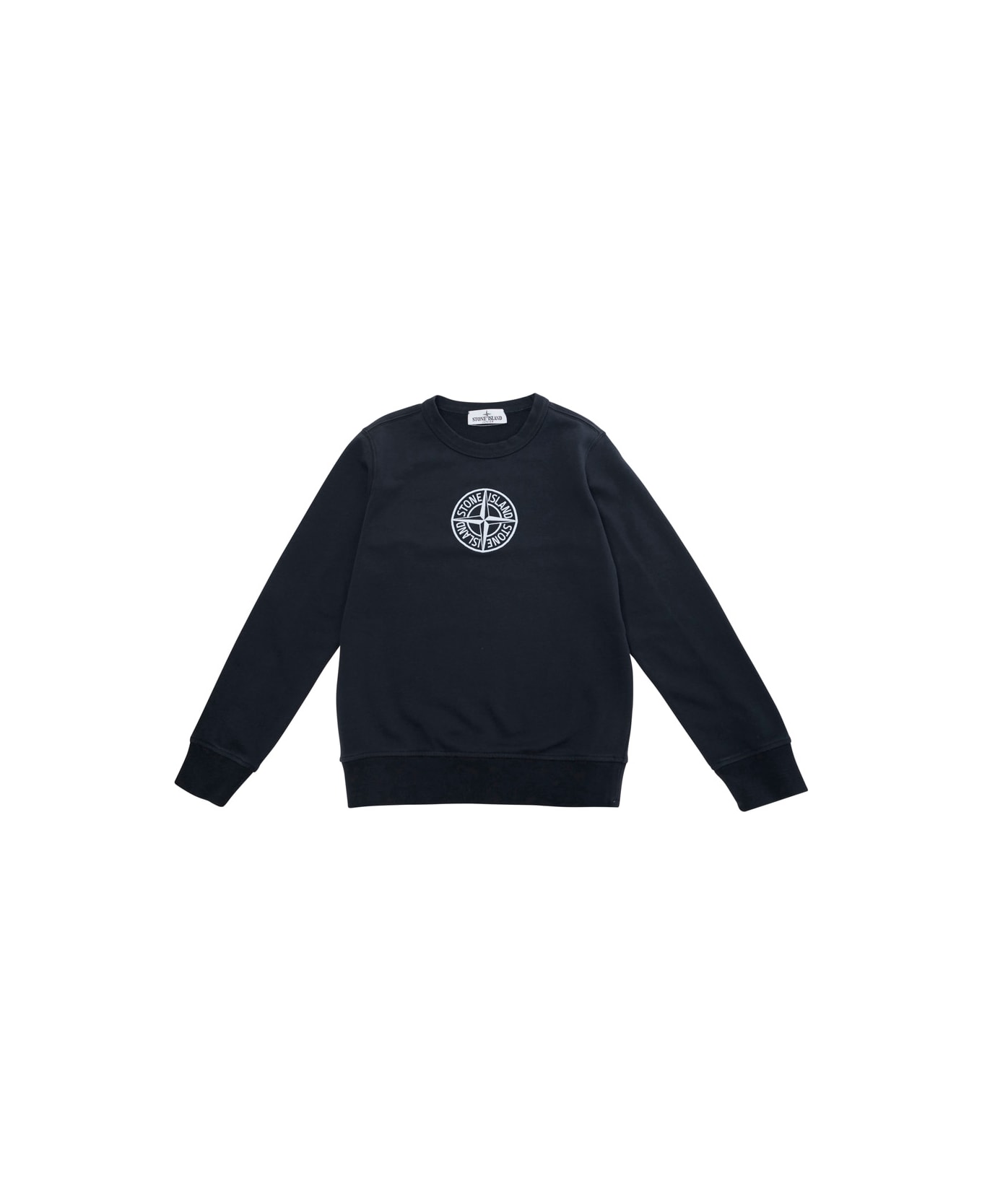 Stone Island Junior Dark Blue Crewneck Sweatshirt With Logo Embroidered On The Front In Cotton Boy - Blu