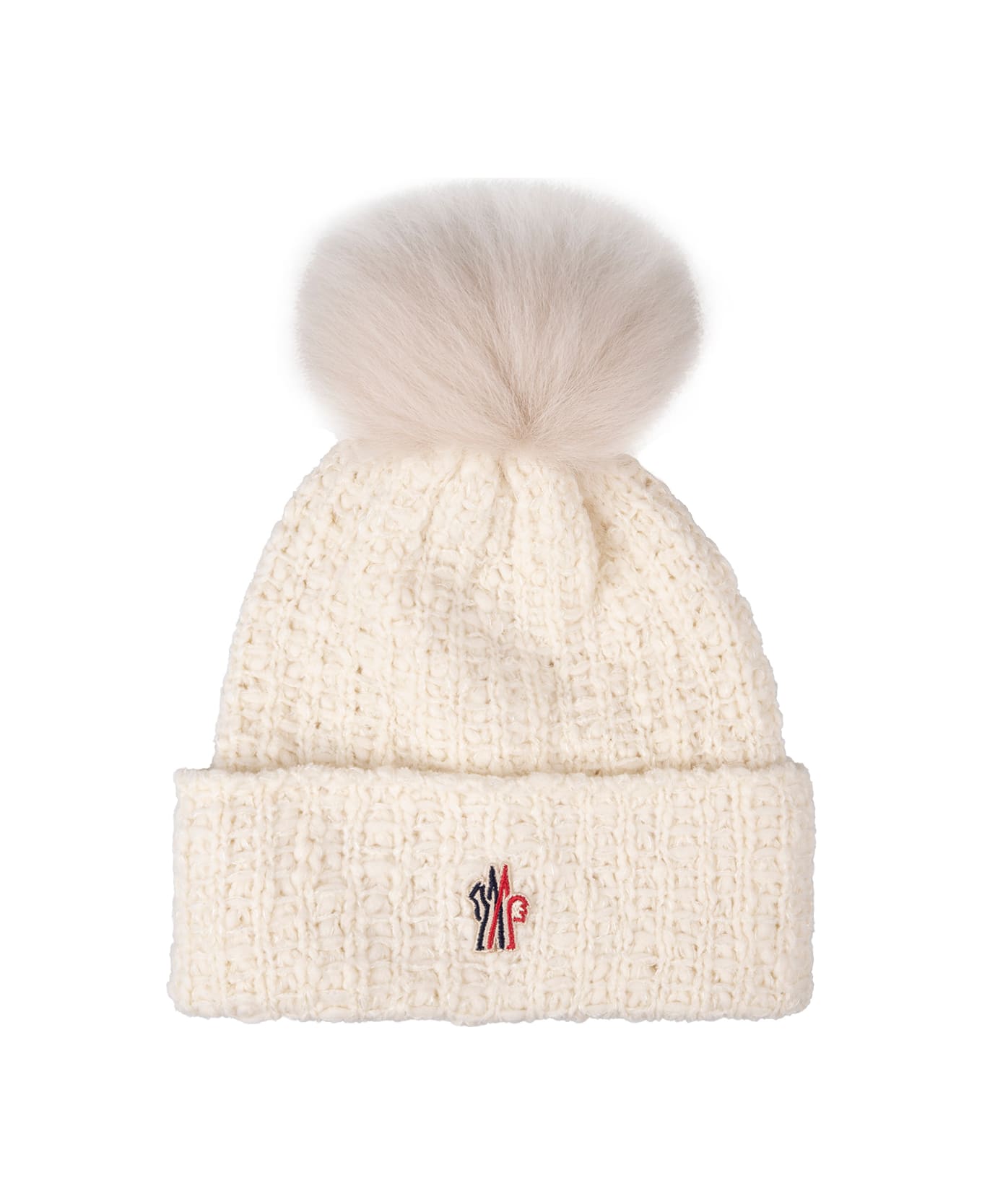 Moncler Grenoble White Knitted Beanie With Logo And Pompon - White