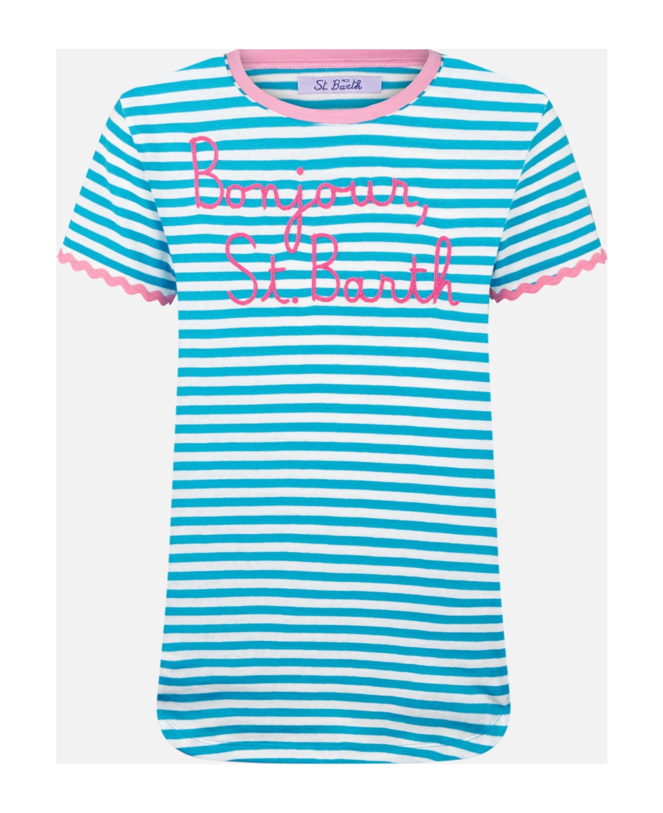 MC2 Saint Barth Woman Cotton T-shirt With Bonjour St. Barth Embroidery - BLUE