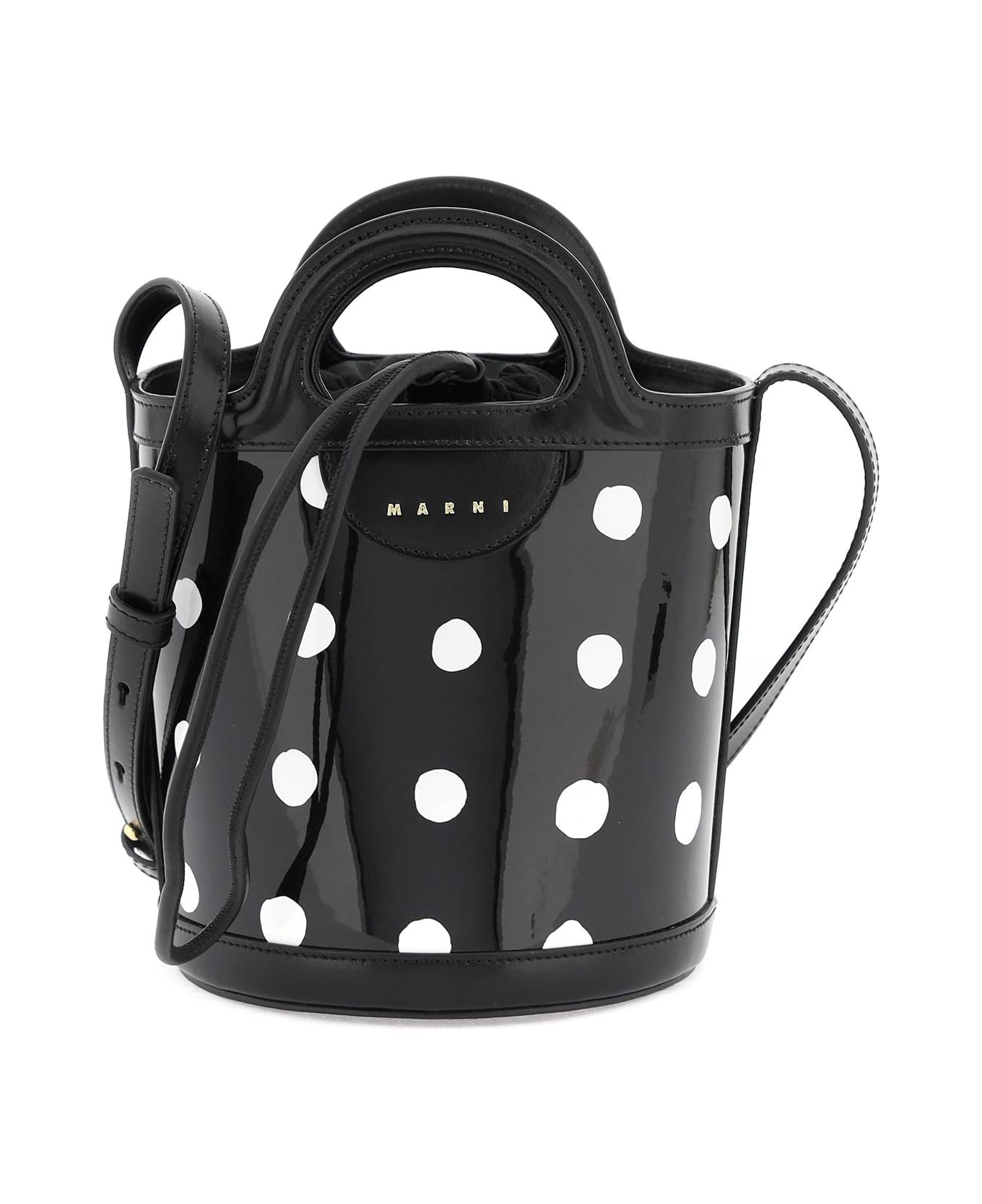 Marni Patent Leather Tropicalia Bucket Bag With Polka-dot Pattern - BLACK LILY WHITE (Black)