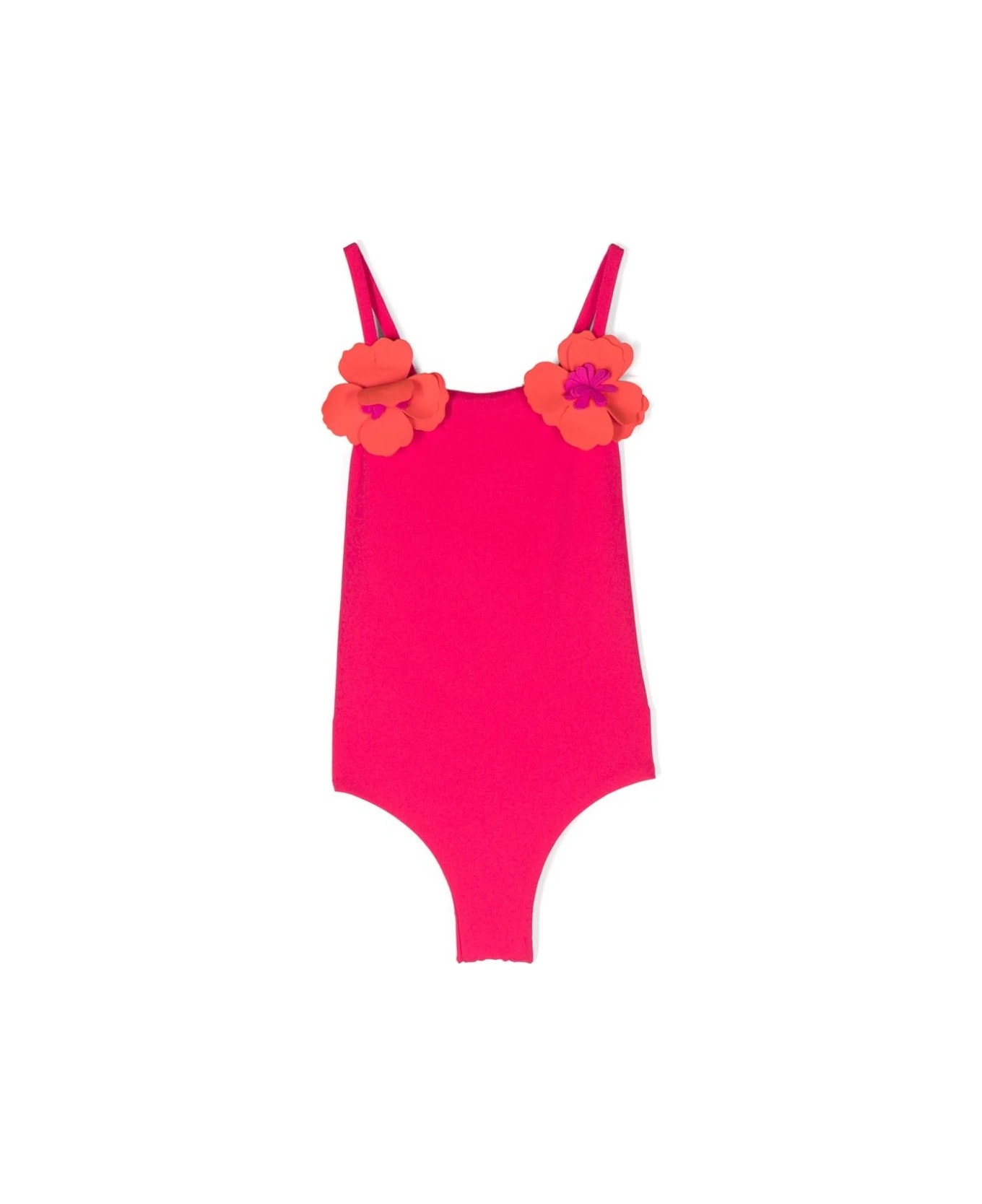 Il Gufo One-piece Swimsuit With Applied Flowers In Strawberry And Orange - Pink