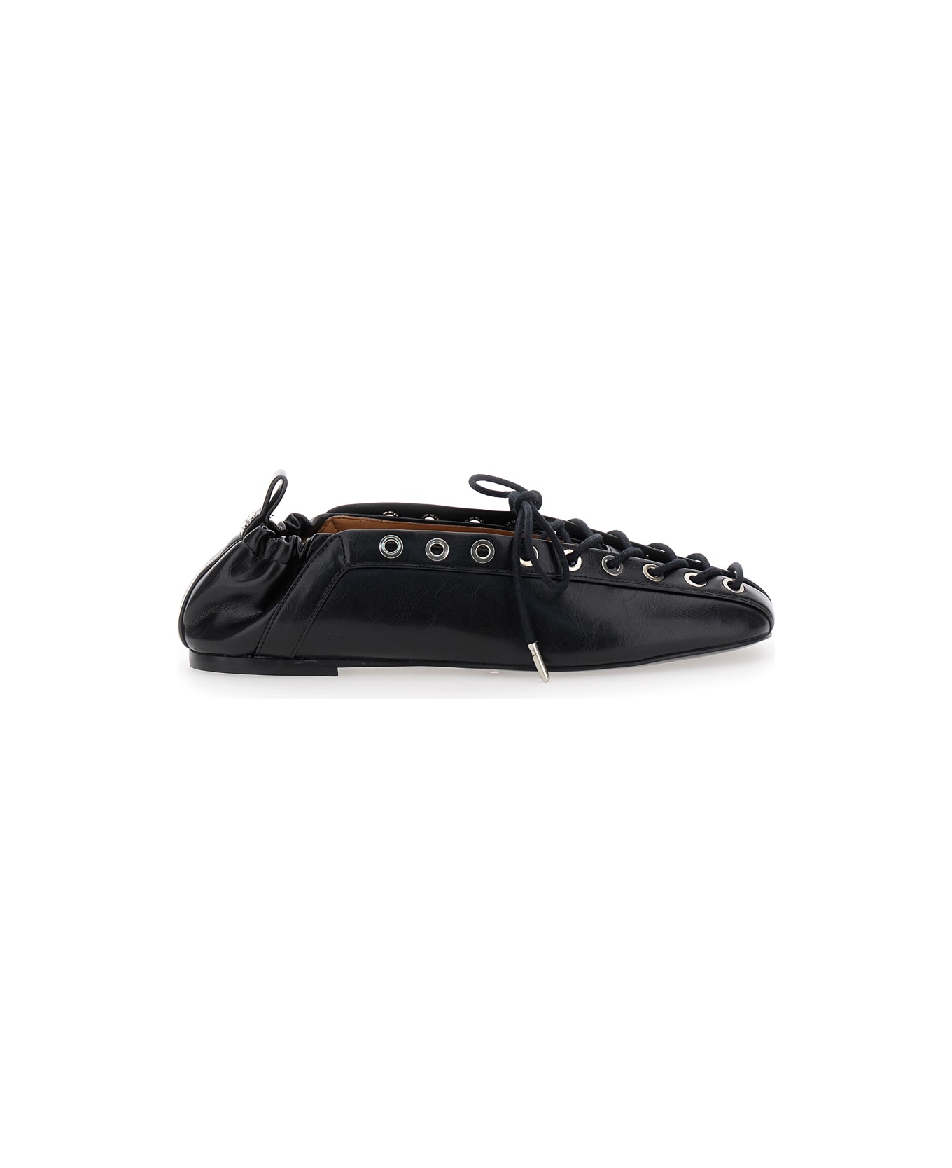 Ganni Black Lace-up Ballerinas With Metal Eyelets And Elasticized Ankle In Eco-leather Woman - Black