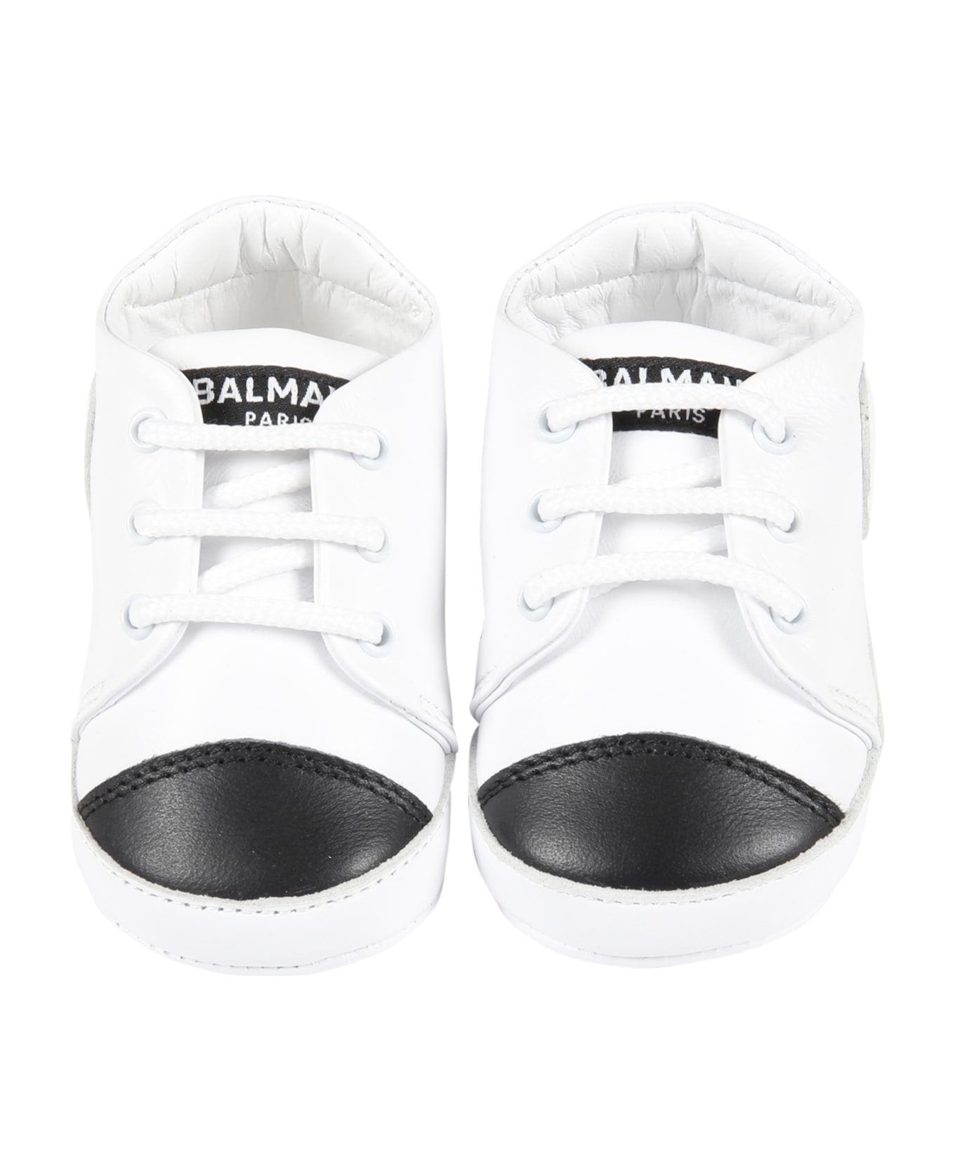 Balmain White Shoes For Baby Kids With Black Logo - Black