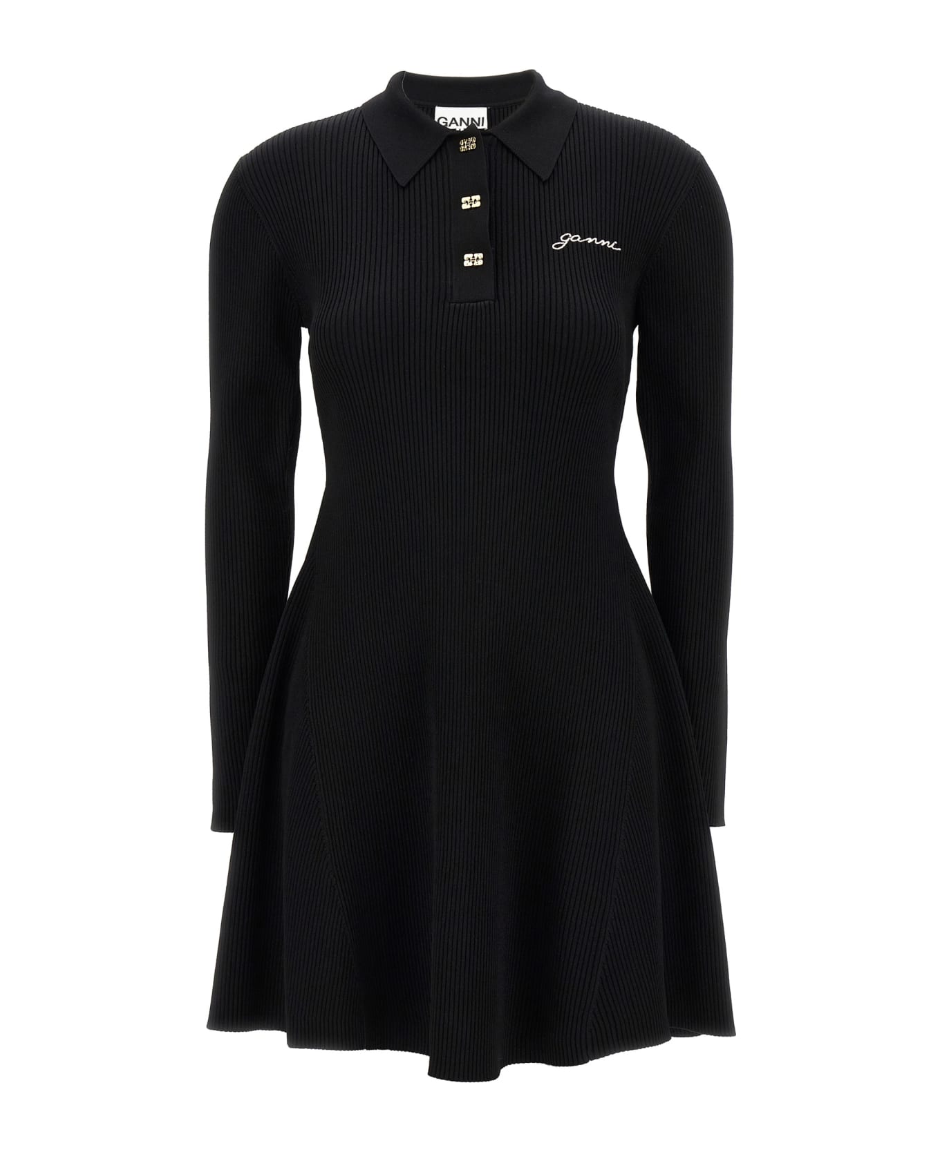 Ganni Logo Embroidery Ribbed Dress - Black