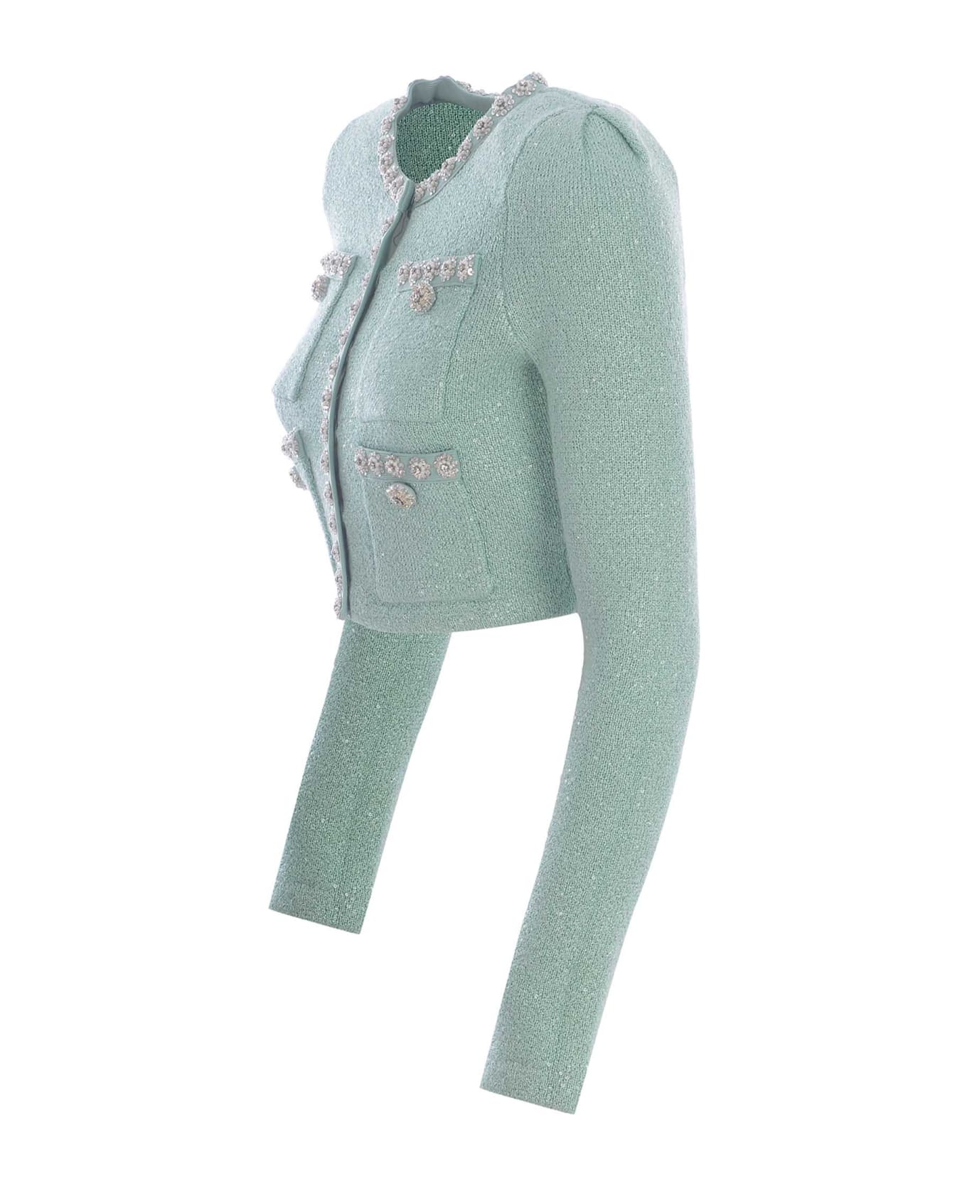 self-portrait Light Blue Crop Jacket With Jewel Buttons In Knit Woman - Verde menta