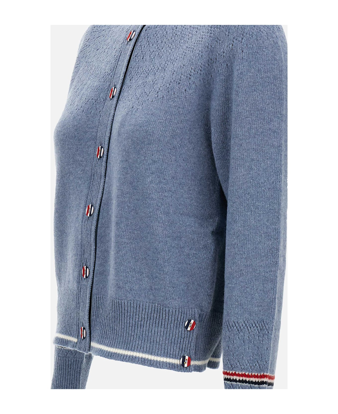 Thom Browne Crew Neck Cardigan In Wool - Clear Blue