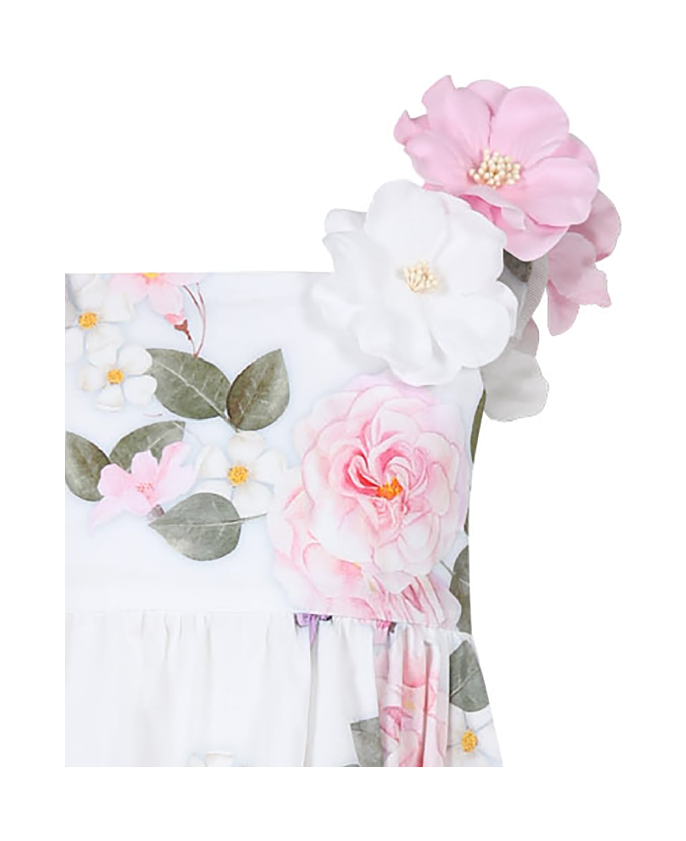 Monnalisa White Dress For Girl With Flowers - WHITE