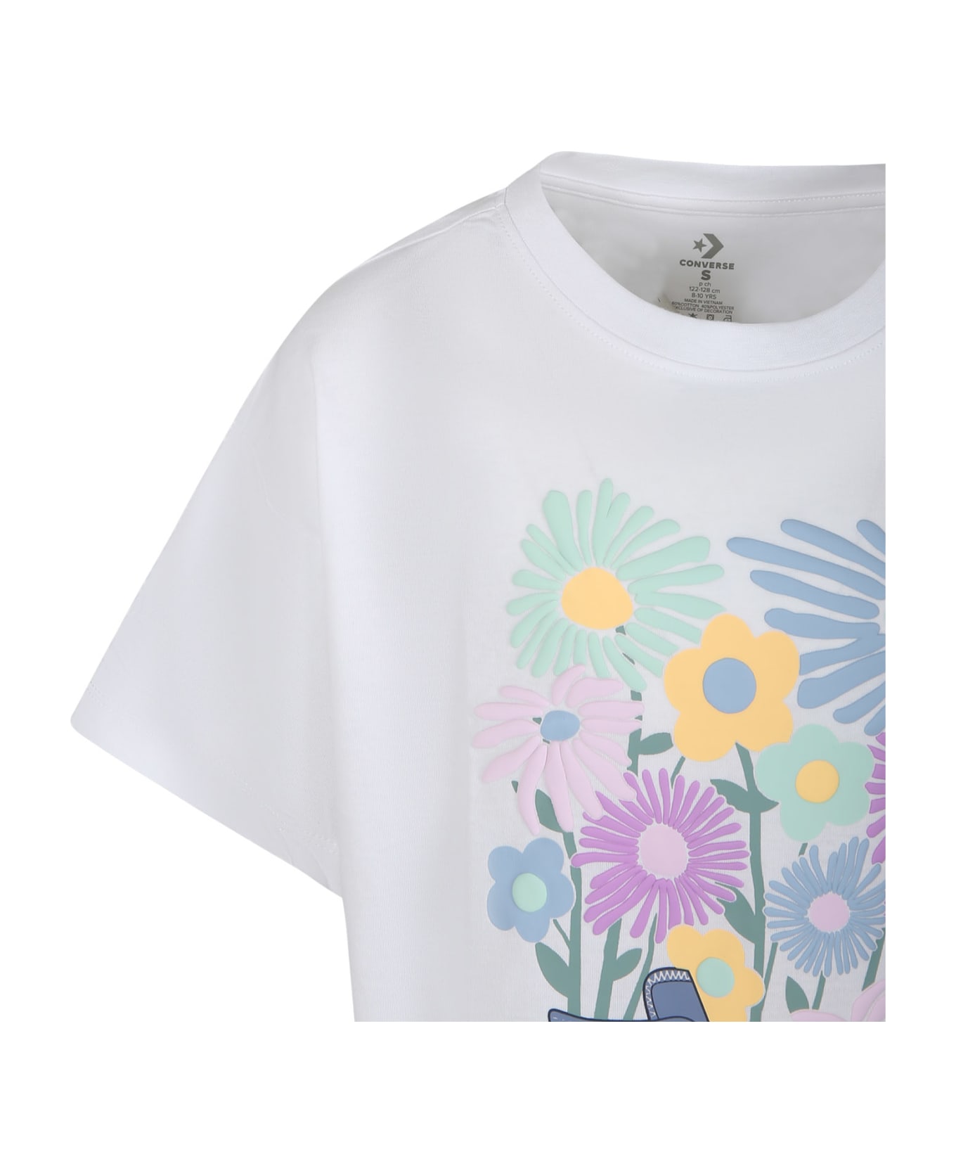 Converse White T-shirt For Girl With Flowers And Shoes Print - White