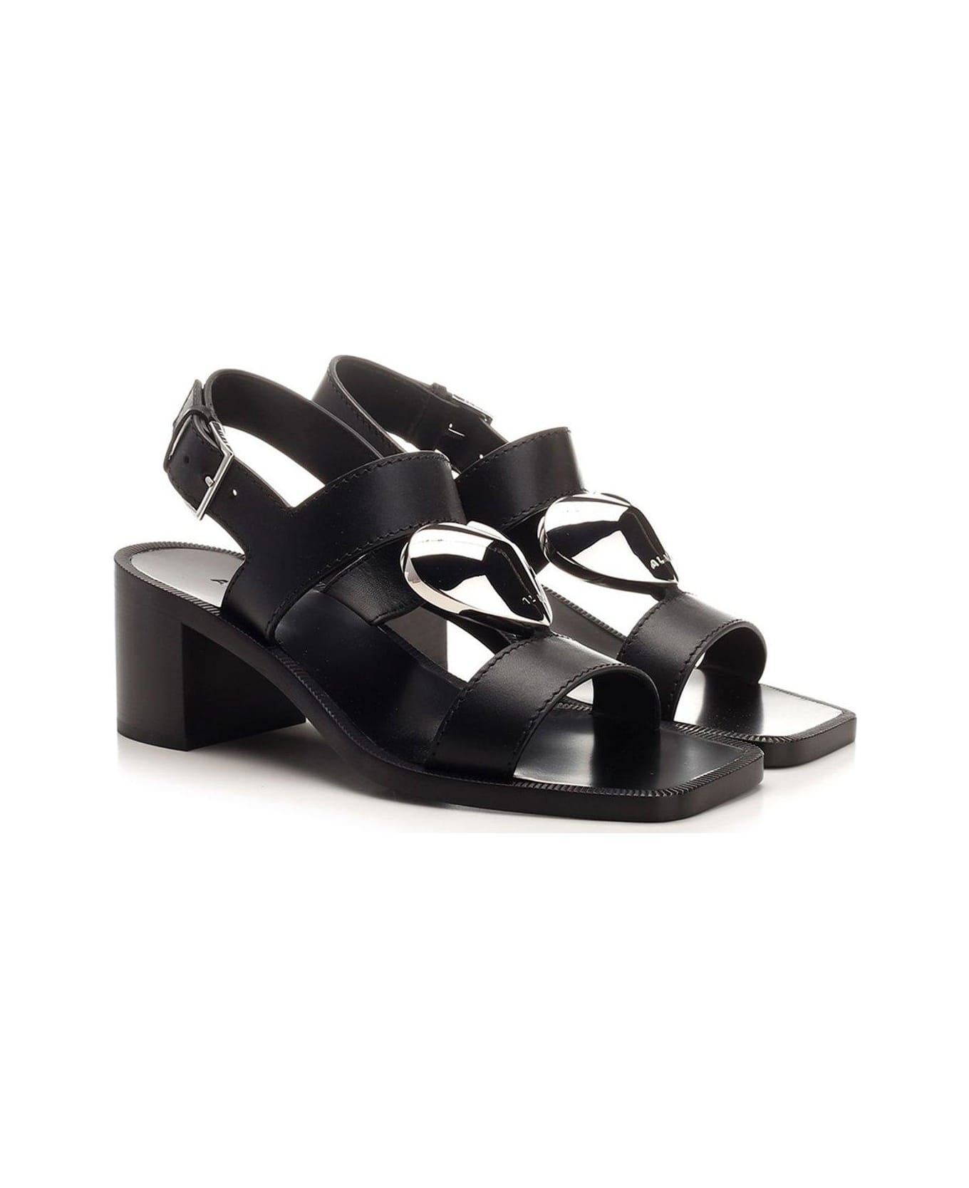 Alaia Square Toe Heart Embellished Sandals - Black