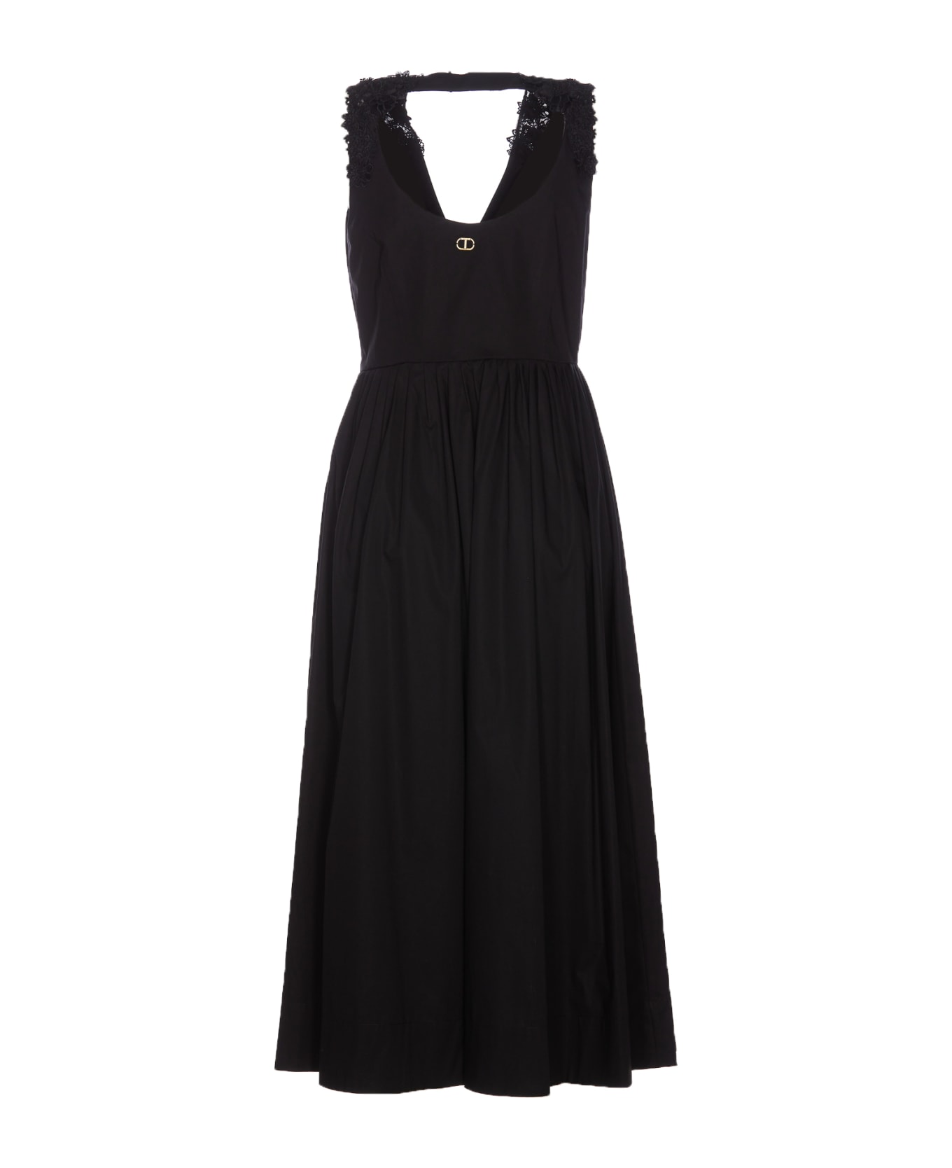 TwinSet Longuette Popeline Dress With Floreal Patch - Black