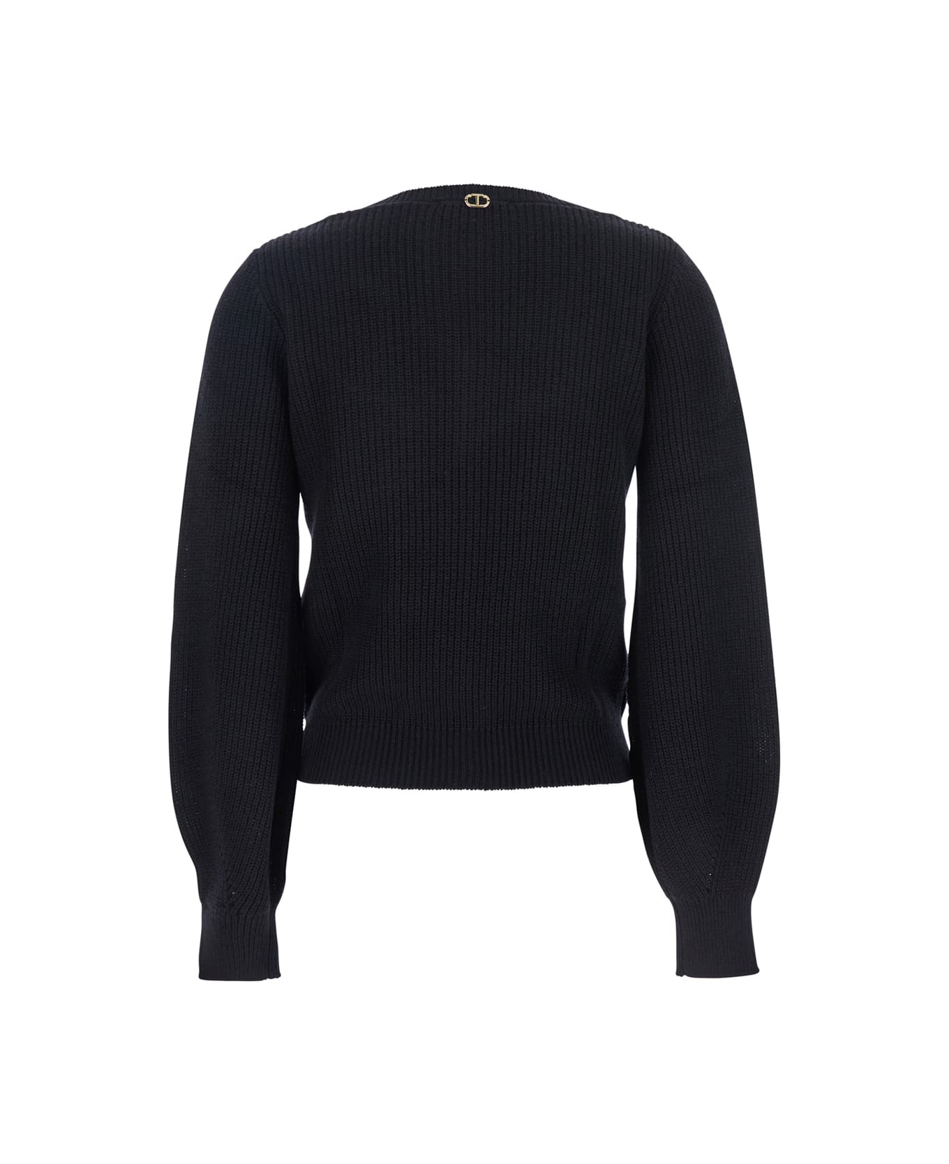 TwinSet Black Sweater With Embroidered Collar And Elastic Cuffs In Wool And Cotton Woman - Black