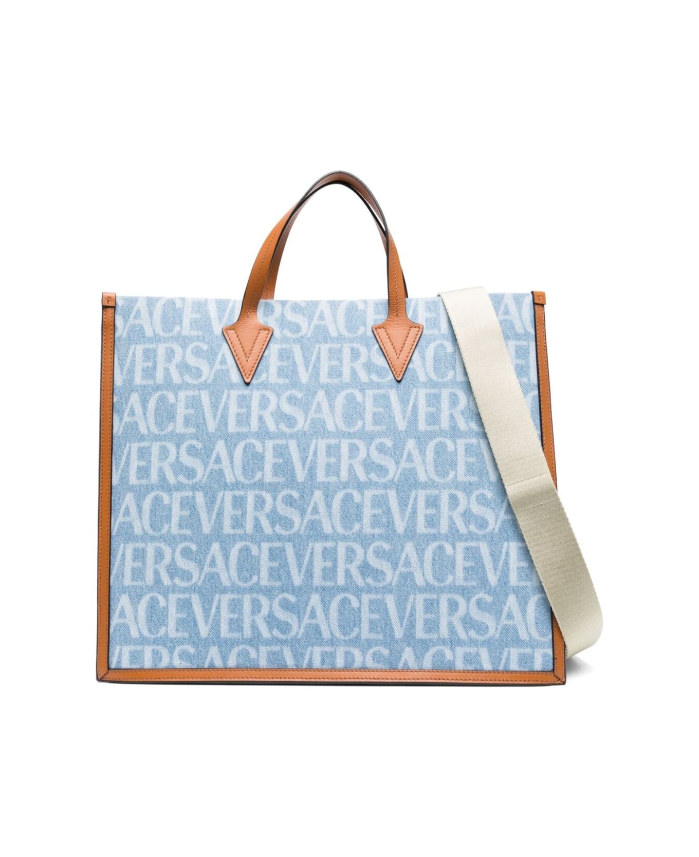 Versace Tote Bag With All-over Logo Print In Light Blue Canvas Man - Light blue