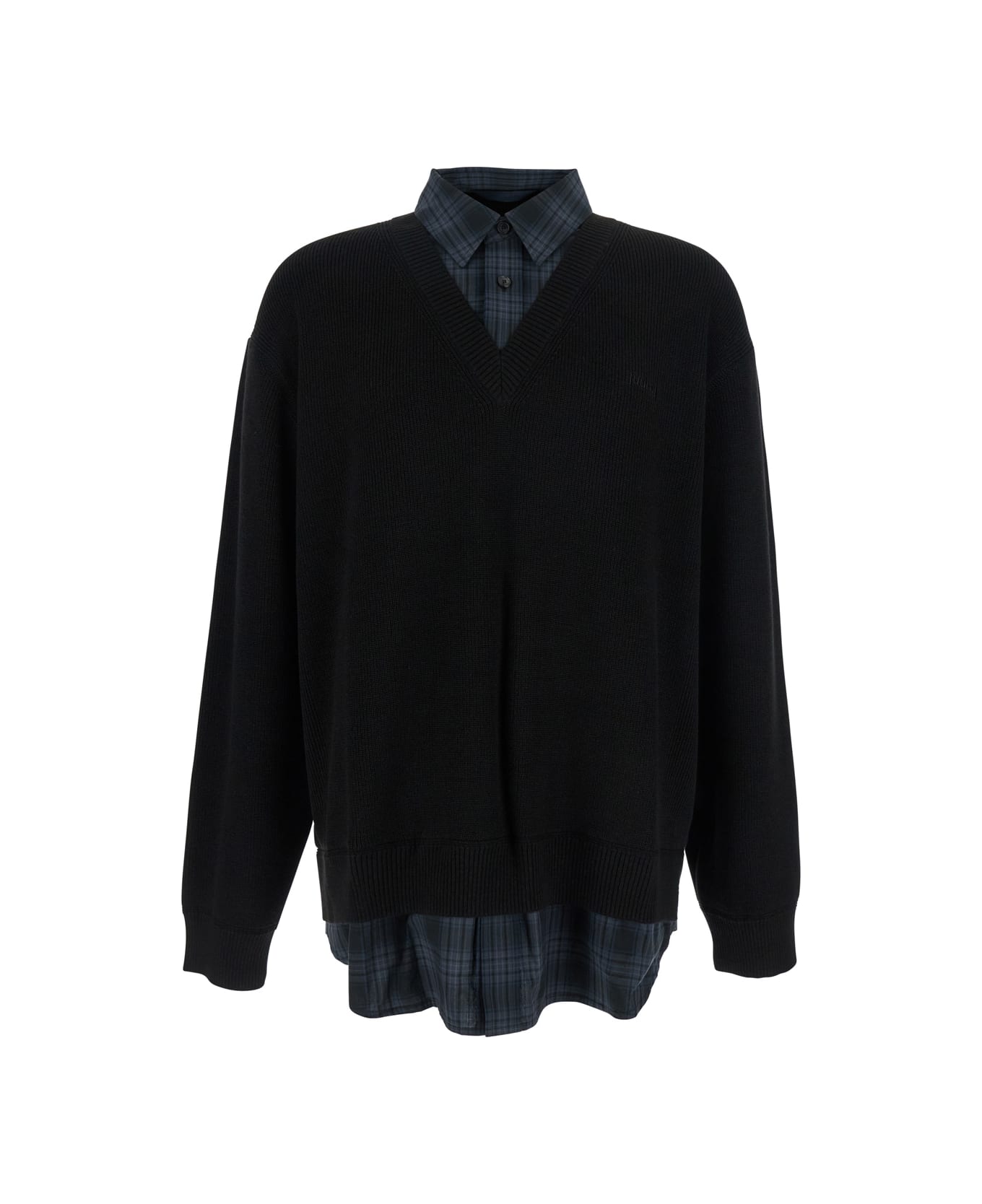 Juun.J Black Sweater With Layered Design And Classic Collar In Cotton And Wool Blend Man - Black