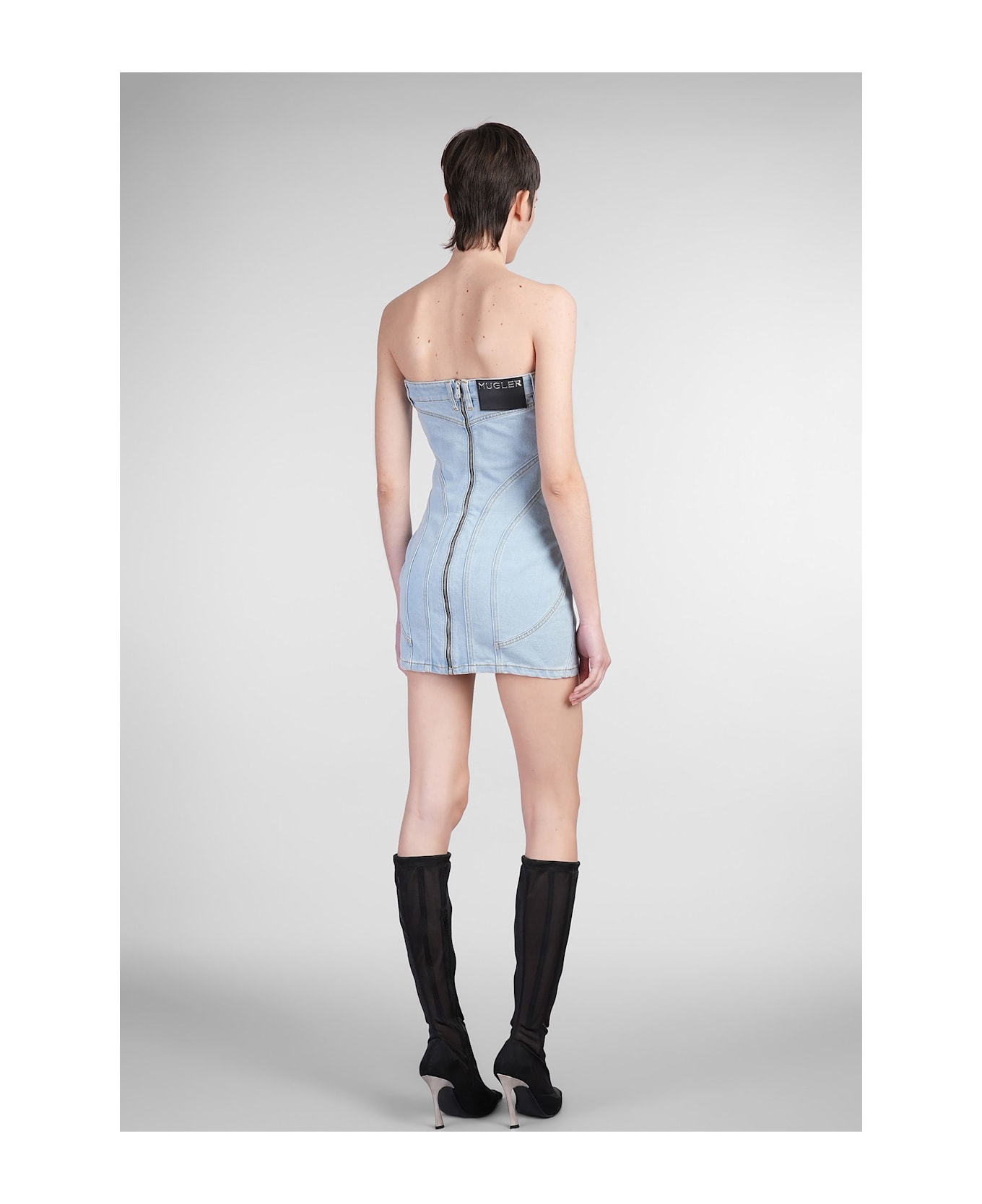 Mugler Mini Dress In Blue Denim - blue