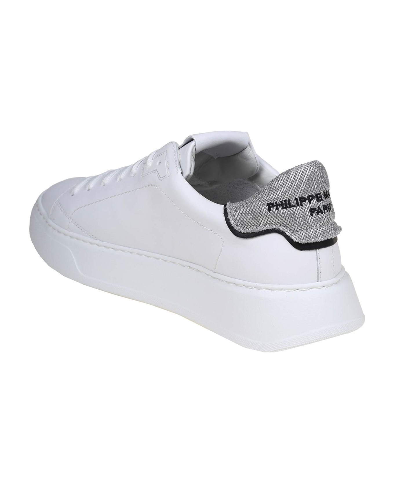 Philippe Model Temple Low Sneakers In White And Silver Leather - Blanc Argent