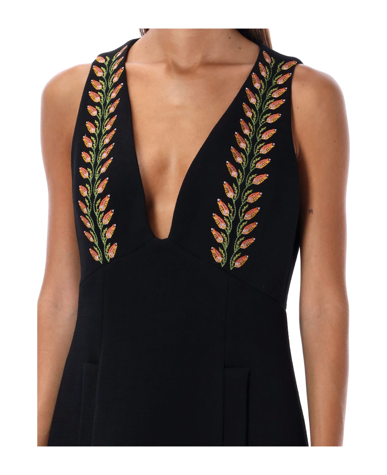 Etro Black Wool Mini Dress With Floral Embroidery - Black