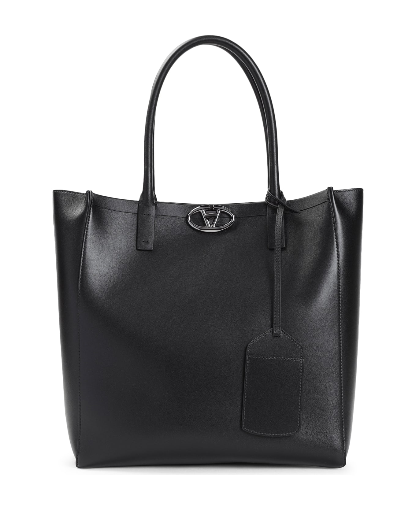 Valentino Garavani Black Leather Medium Vlogo Locker Shopping Bag - NERO