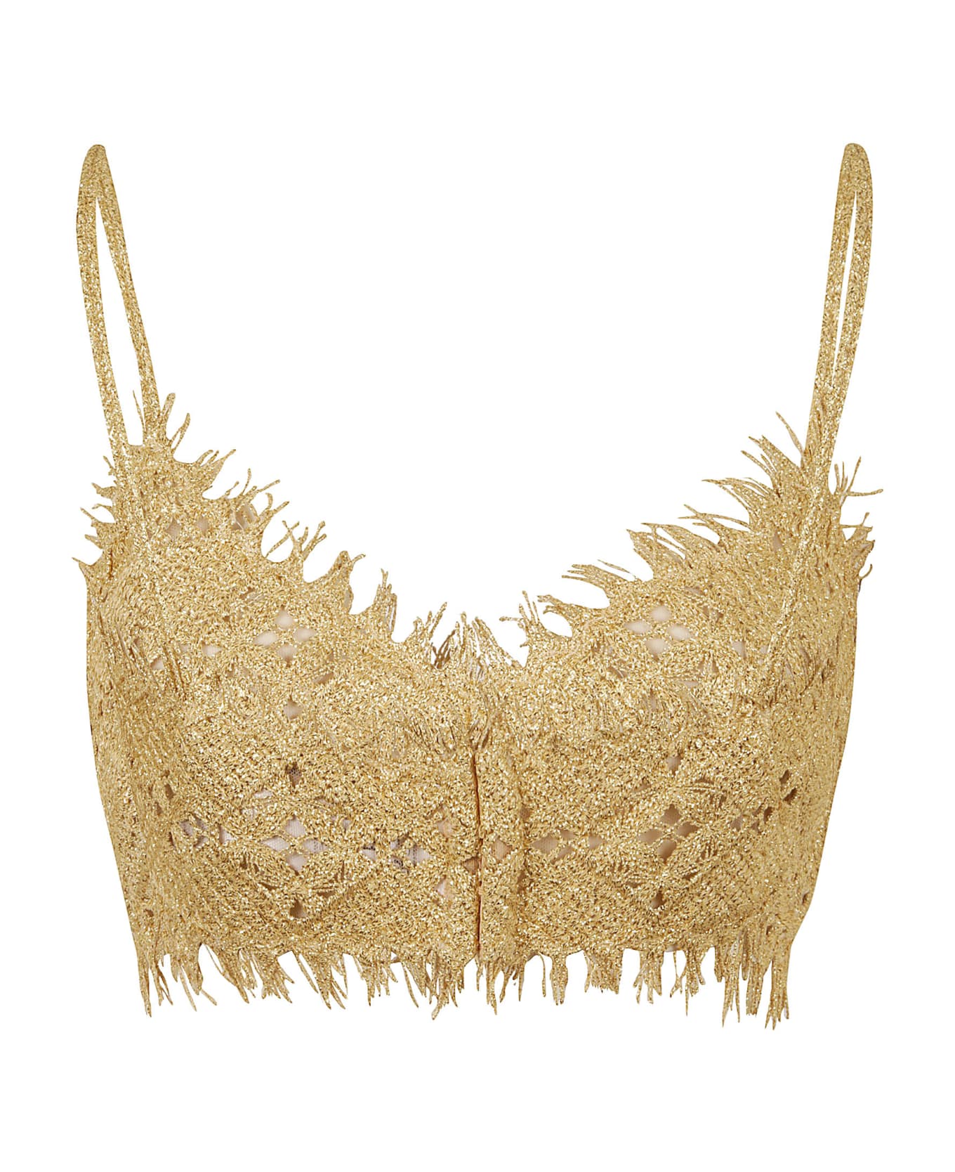 Ermanno Scervino Fringe Trim Perforated Woven Top - Pale Gold