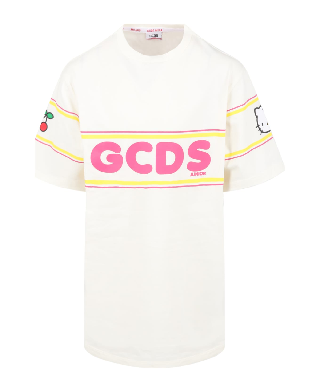 GCDS Mini Ivory T-shirt For Girl With Hello Kitty And Logo - Ivory
