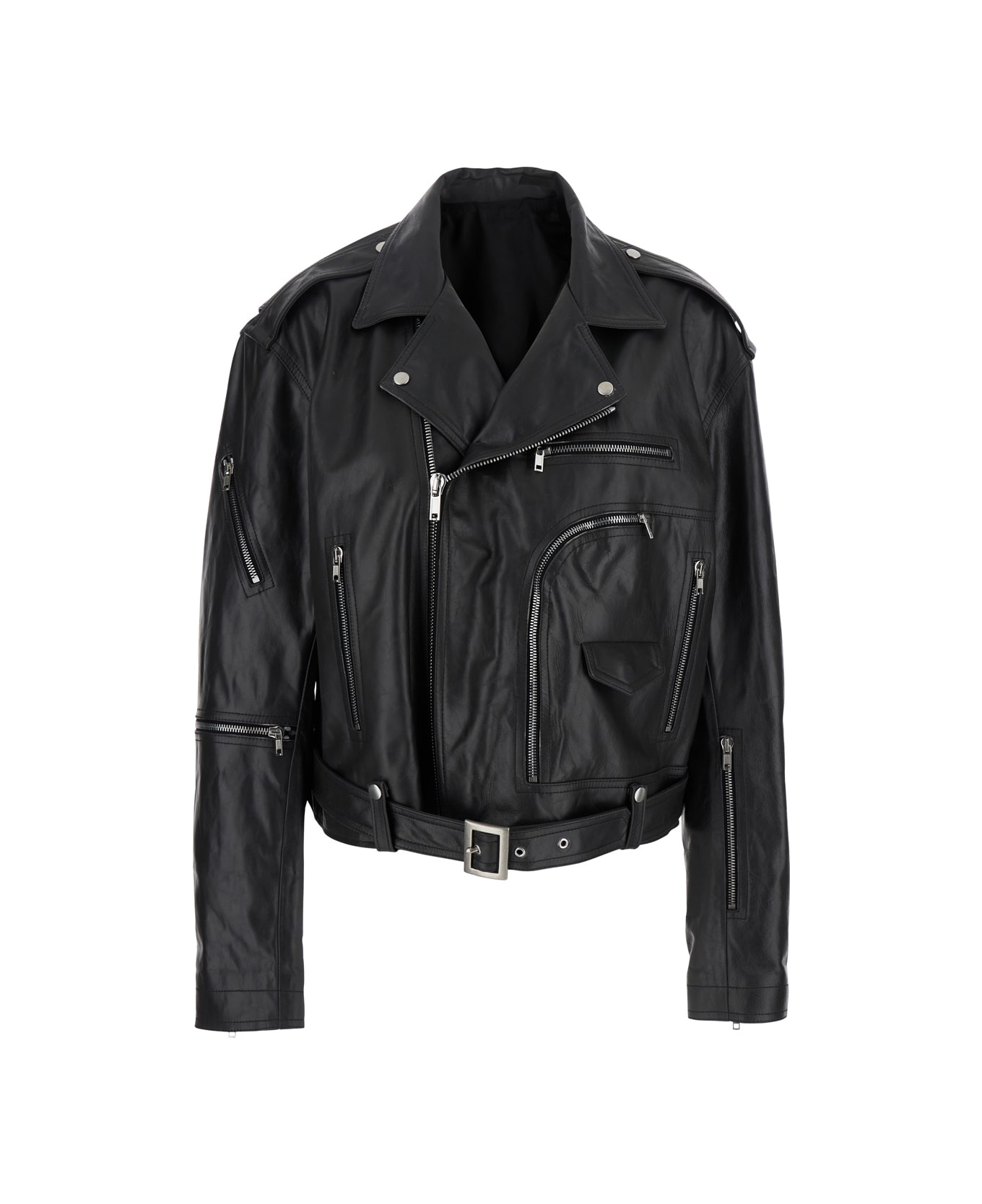 Rick Owens 'jumbo' Black Cropped Jacket With Notched Revers And Waist Belt In Leather Woman - BLACK