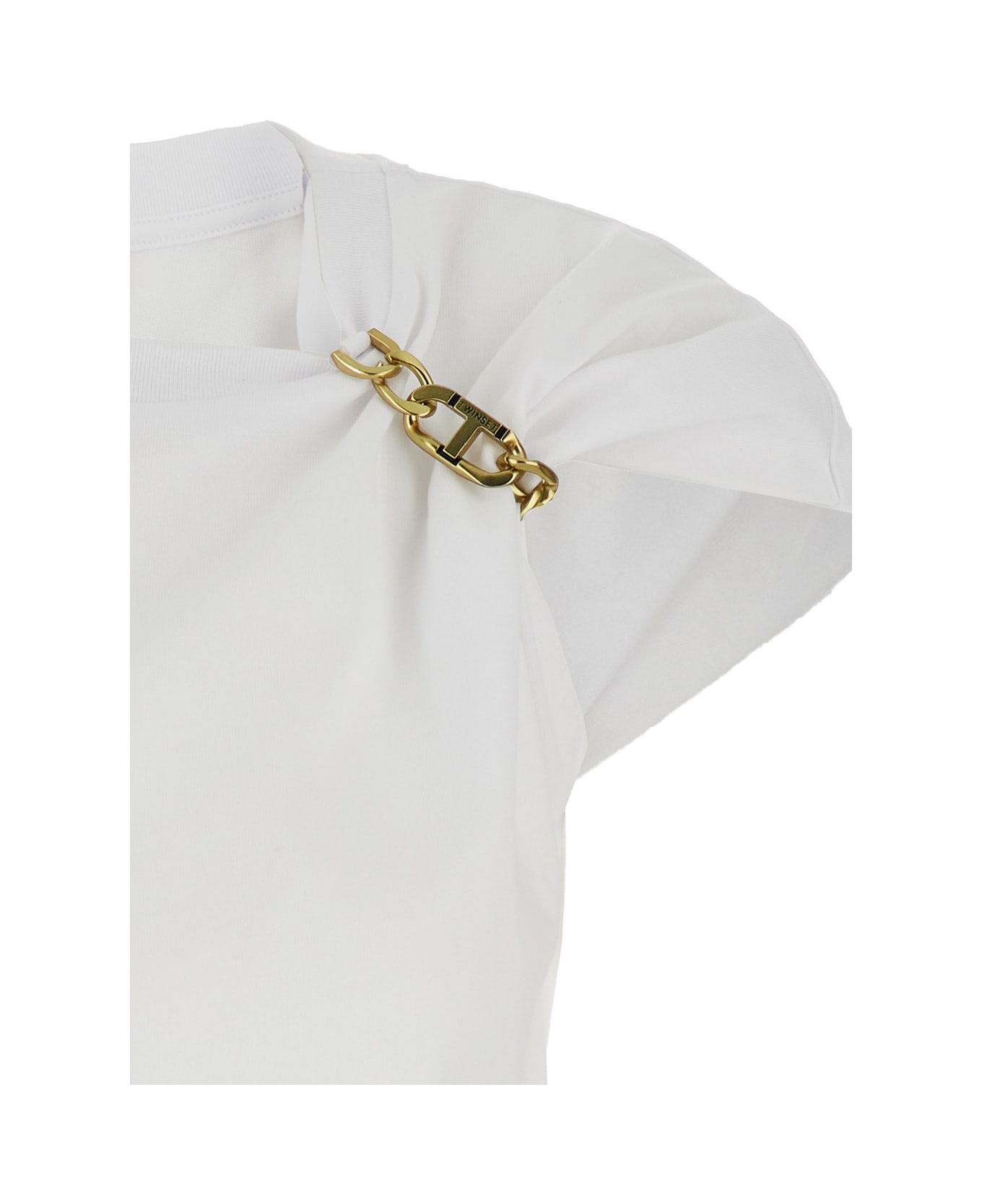 TwinSet White T-shirt With Round Neck And Chain Detail On The Neckline In Cotton Woman - White