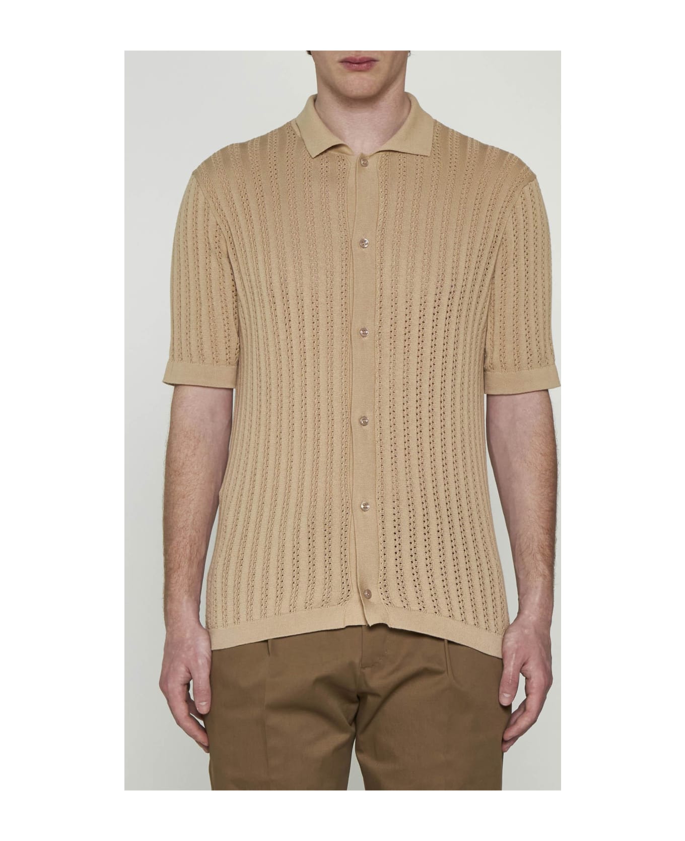 Tagliatore Crochet Ribbed Cotton Shirt - Beige