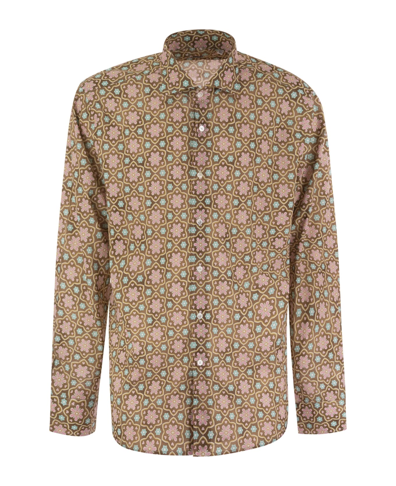 Fedeli Printed Stretch Cotton Voile Shirt - Brown