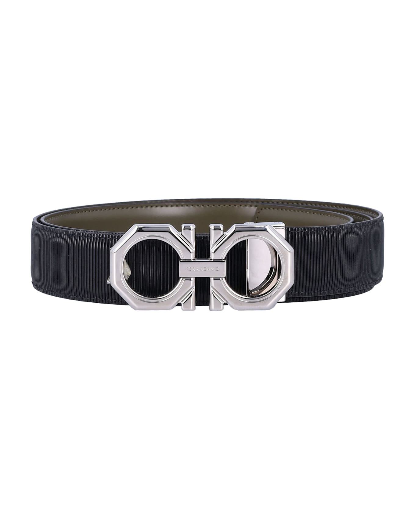 Ferragamo Reversible And Adjustable Gancini Belt - BLACK NEW OLIVE