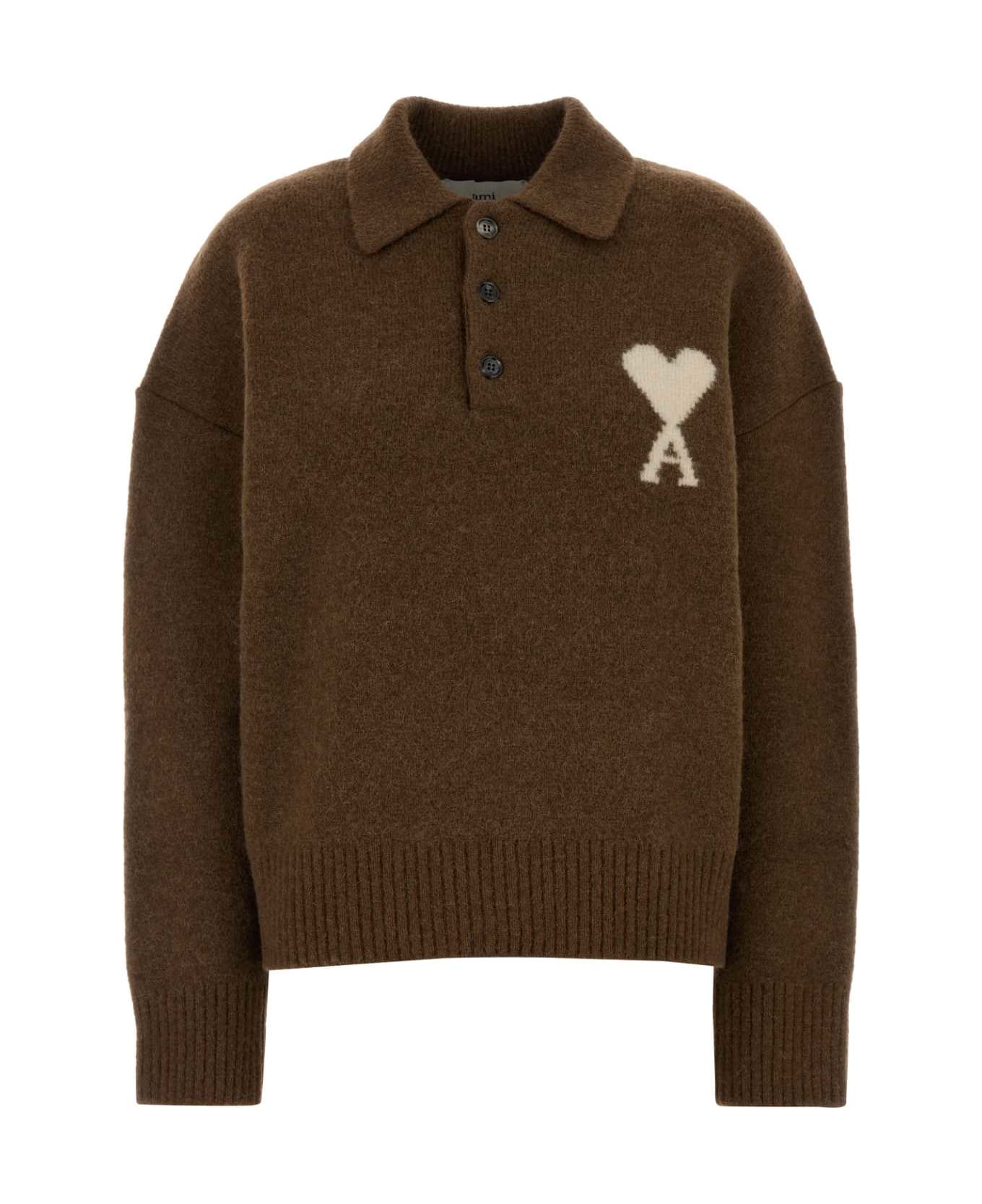 Ami Alexandre Mattiussi Brown Stretch Alpaca Blend Polo Shirt - HAZELNUTOFFWHITE