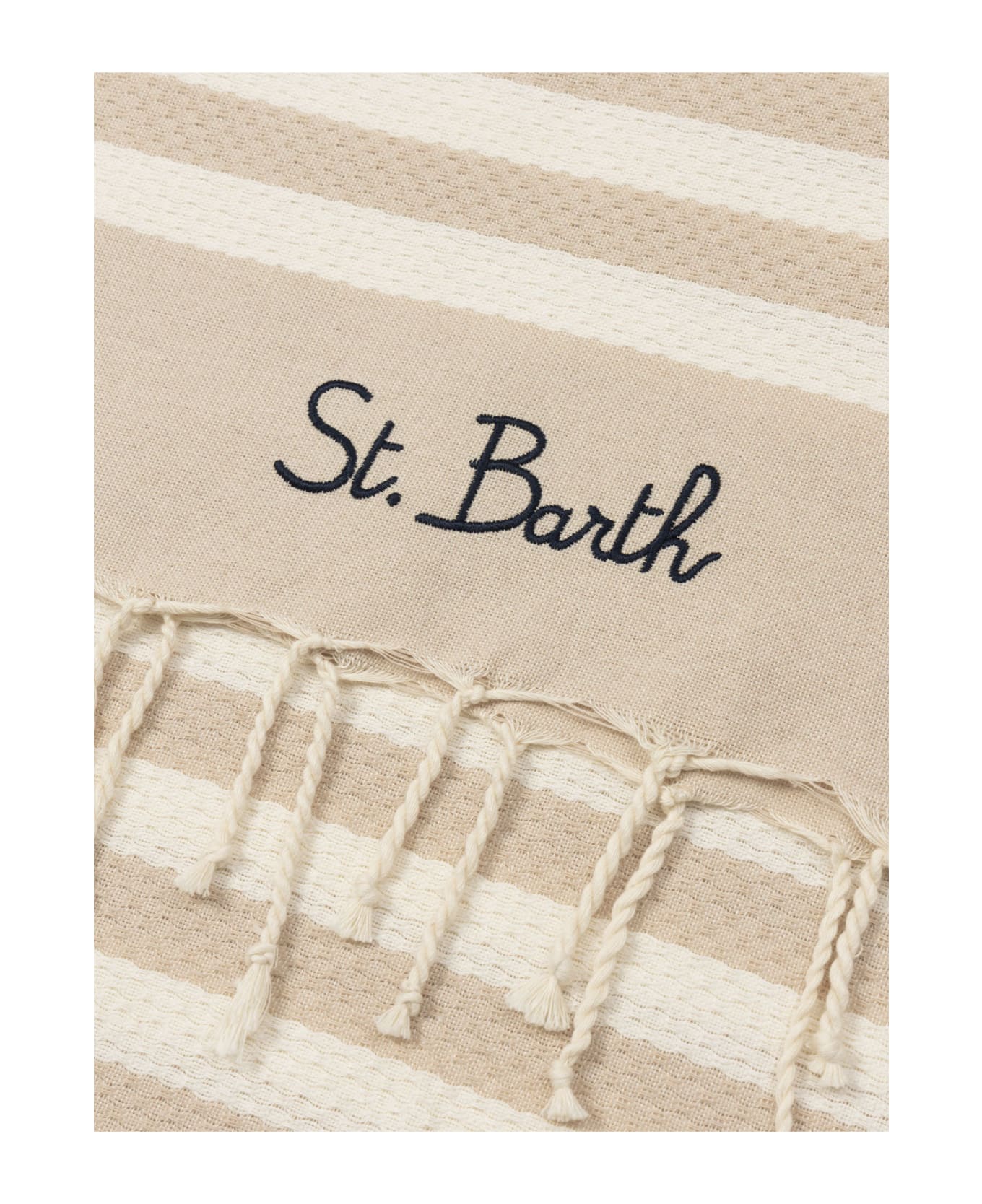 MC2 Saint Barth Cotton Beach Towel Fouta With Beige Striped Print - WHITE